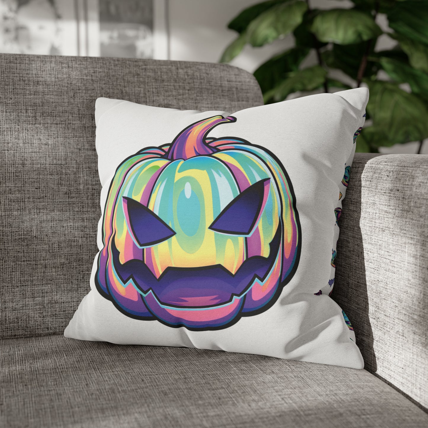 Joke-o’-Lantern Reversible Square Pillow Case - White - Painted Raina