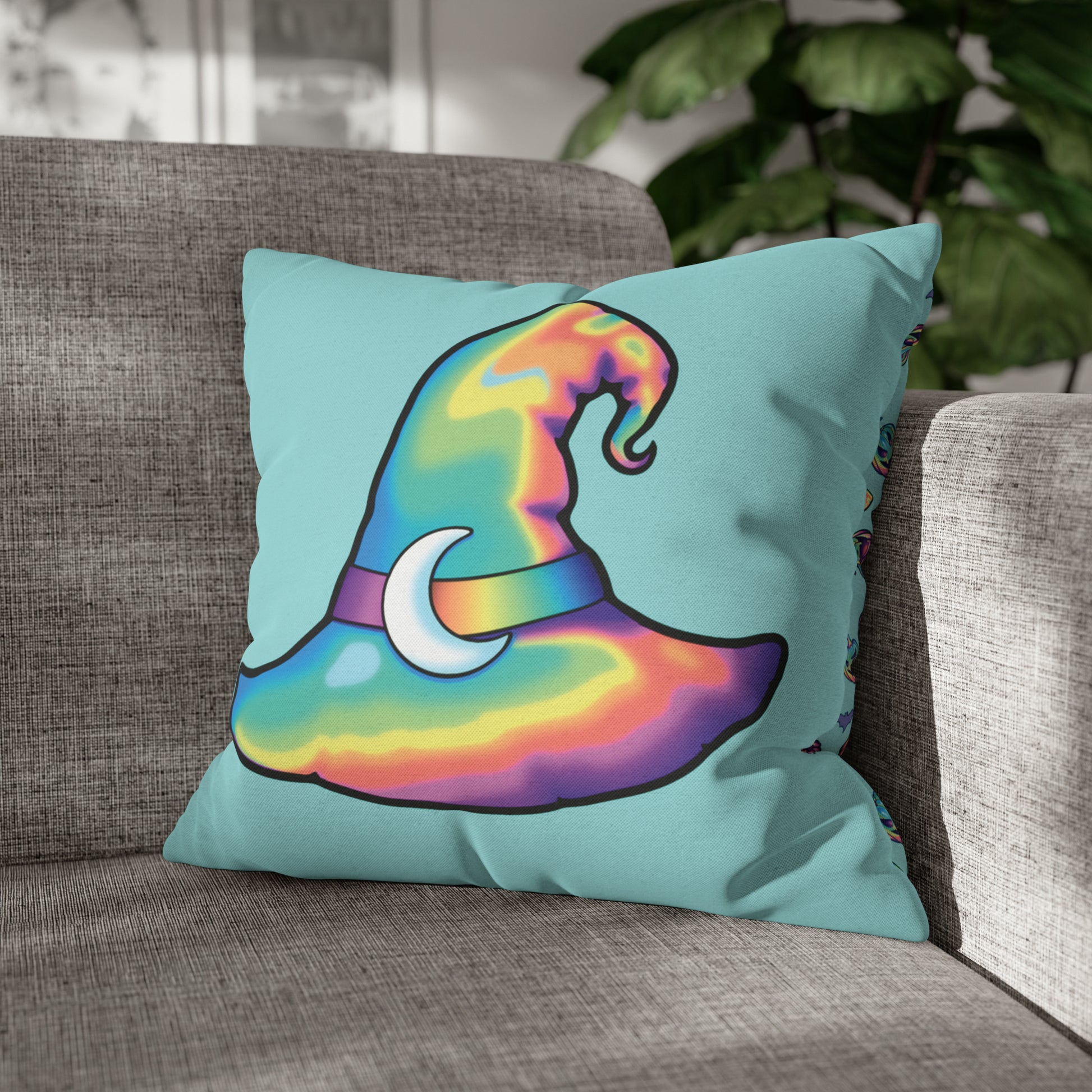 Rainbow Witch Hat Reversible Square Pillow Case - Aqua - Painted Raina