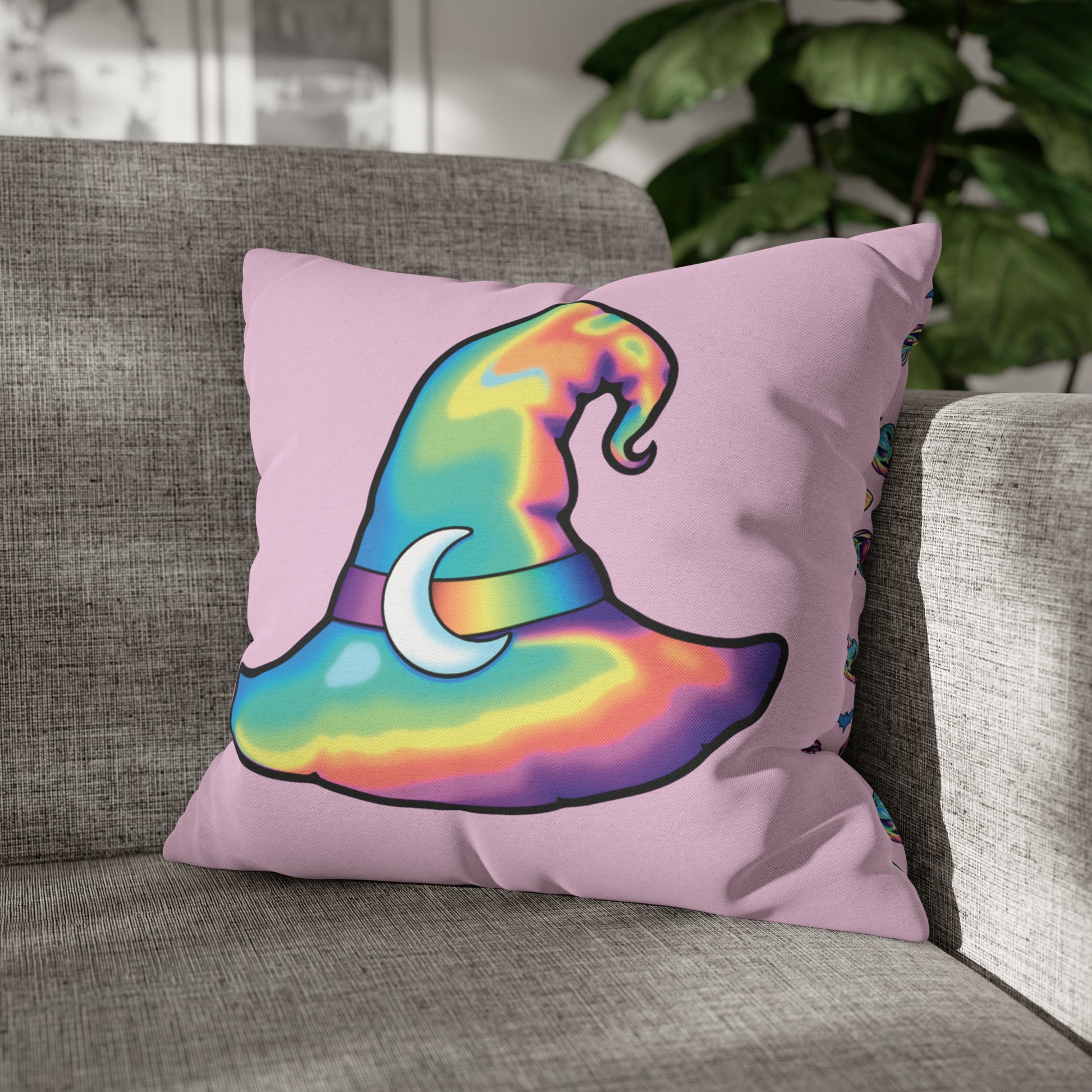 Rainbow Witch Hat Reversible Square Pillow Case - Pink - Painted Raina