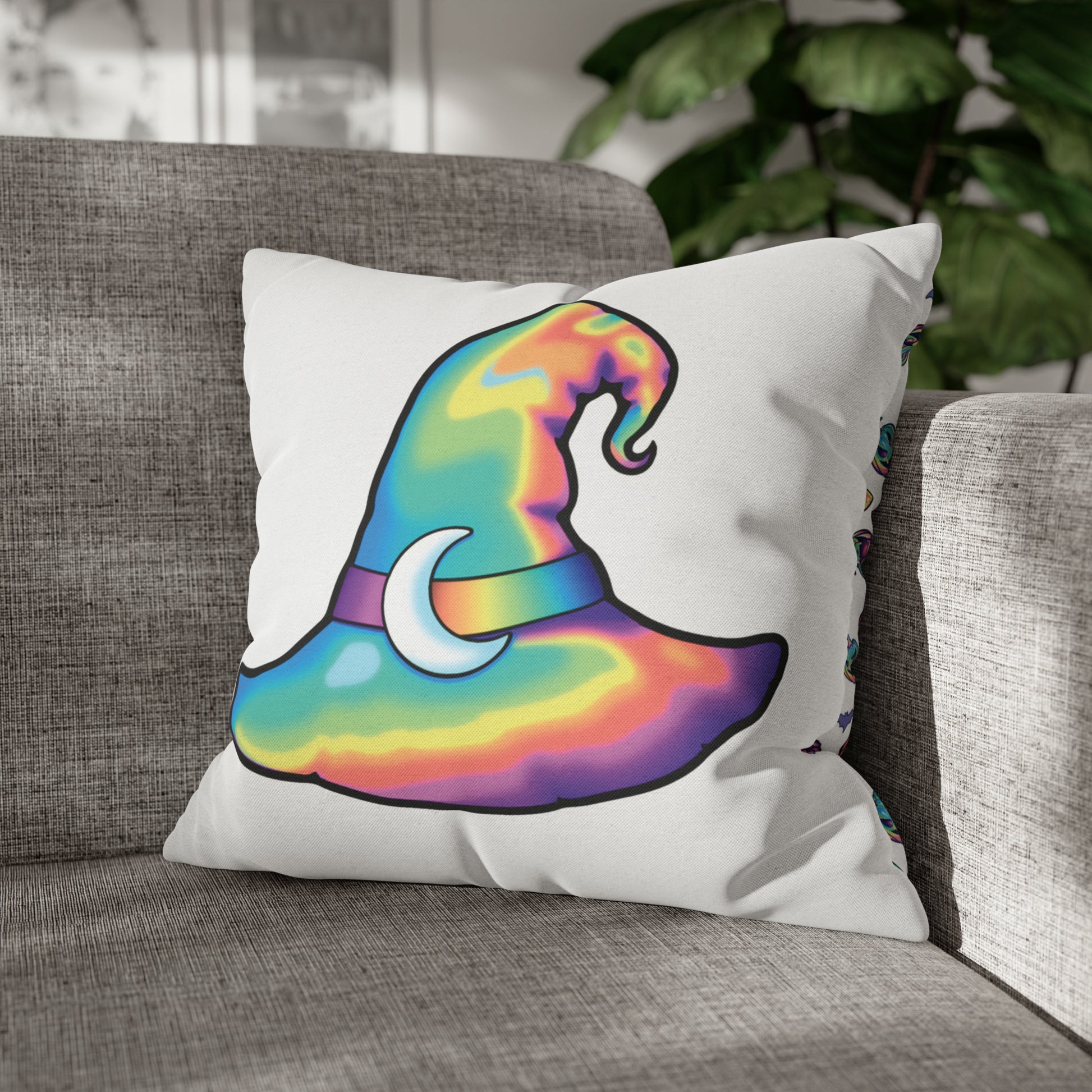 Rainbow Witch Hat Reversible Square Pillow Case - White - Painted Raina