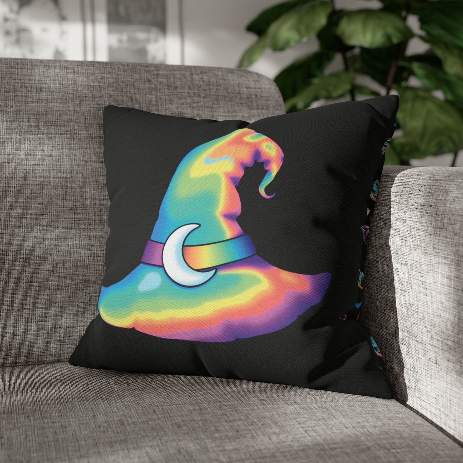 Rainbow Witch Hat Reversible Square Pillow Case - Black - Painted Raina