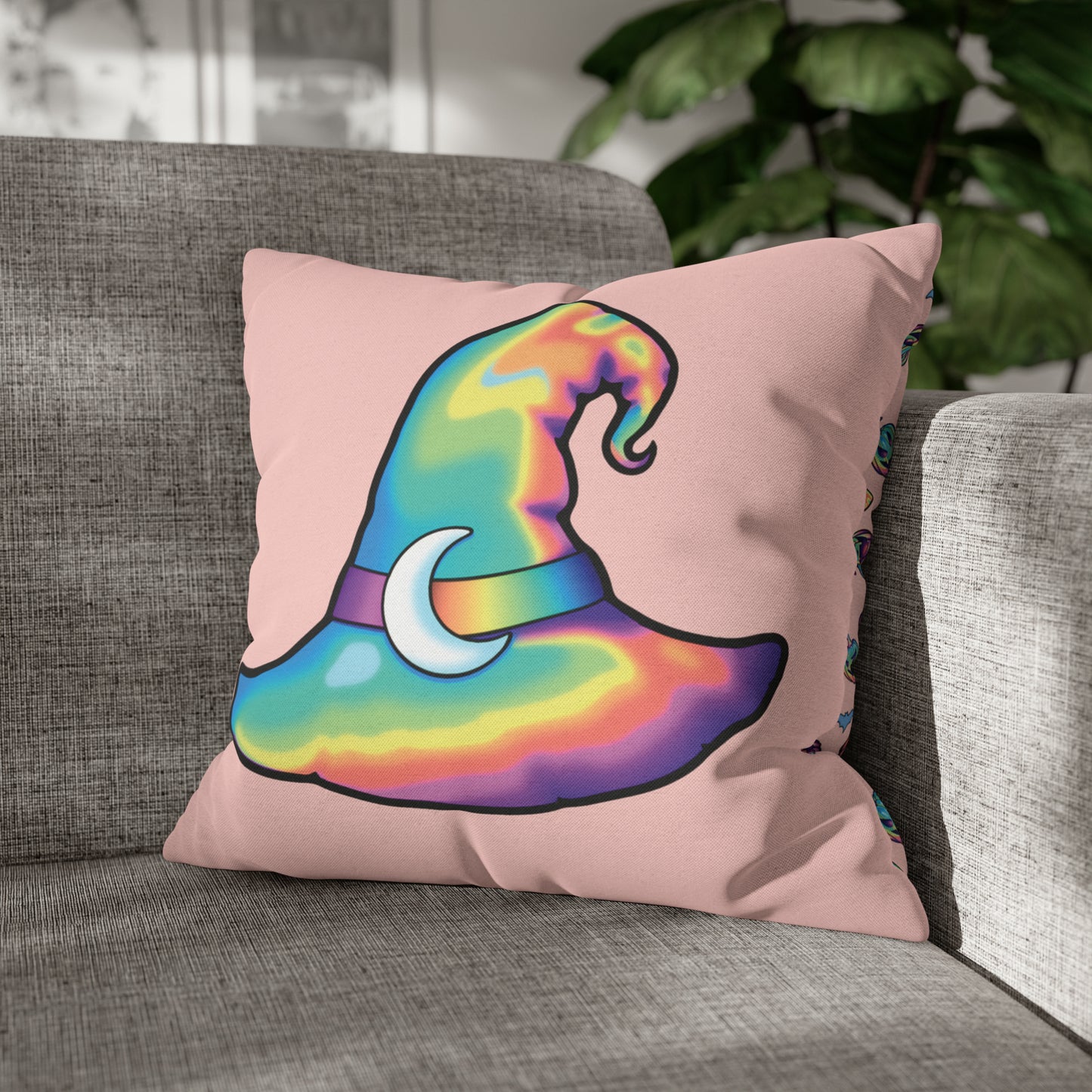 Rainbow Witch Hat Reversible Square Pillow Case - Coral - Painted Raina