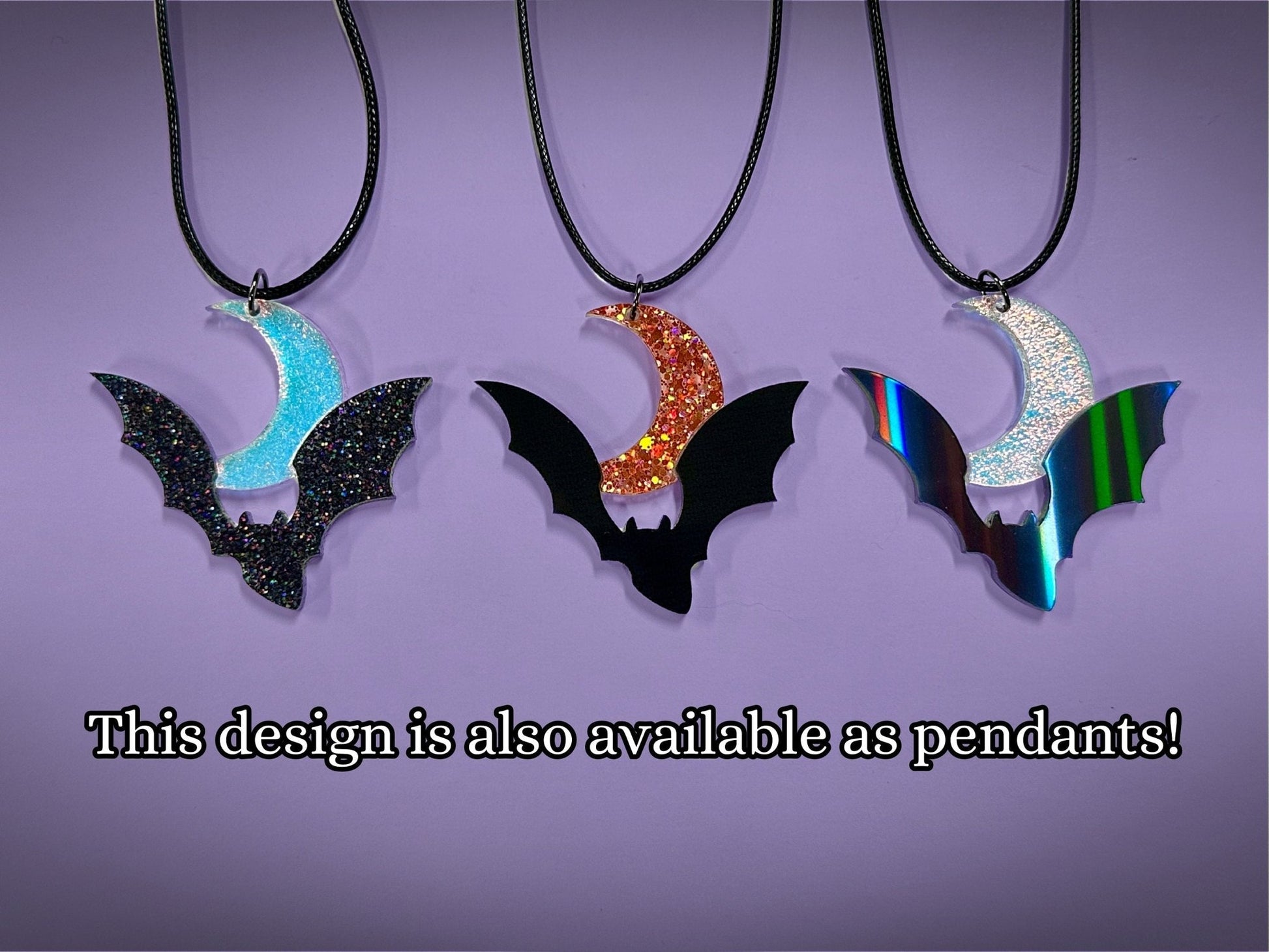 Bat and Crescent Moon Earrings | Asymmetrical Black Crackle and Holographic Orange Glitter Halloween Dangles - Painted Raina