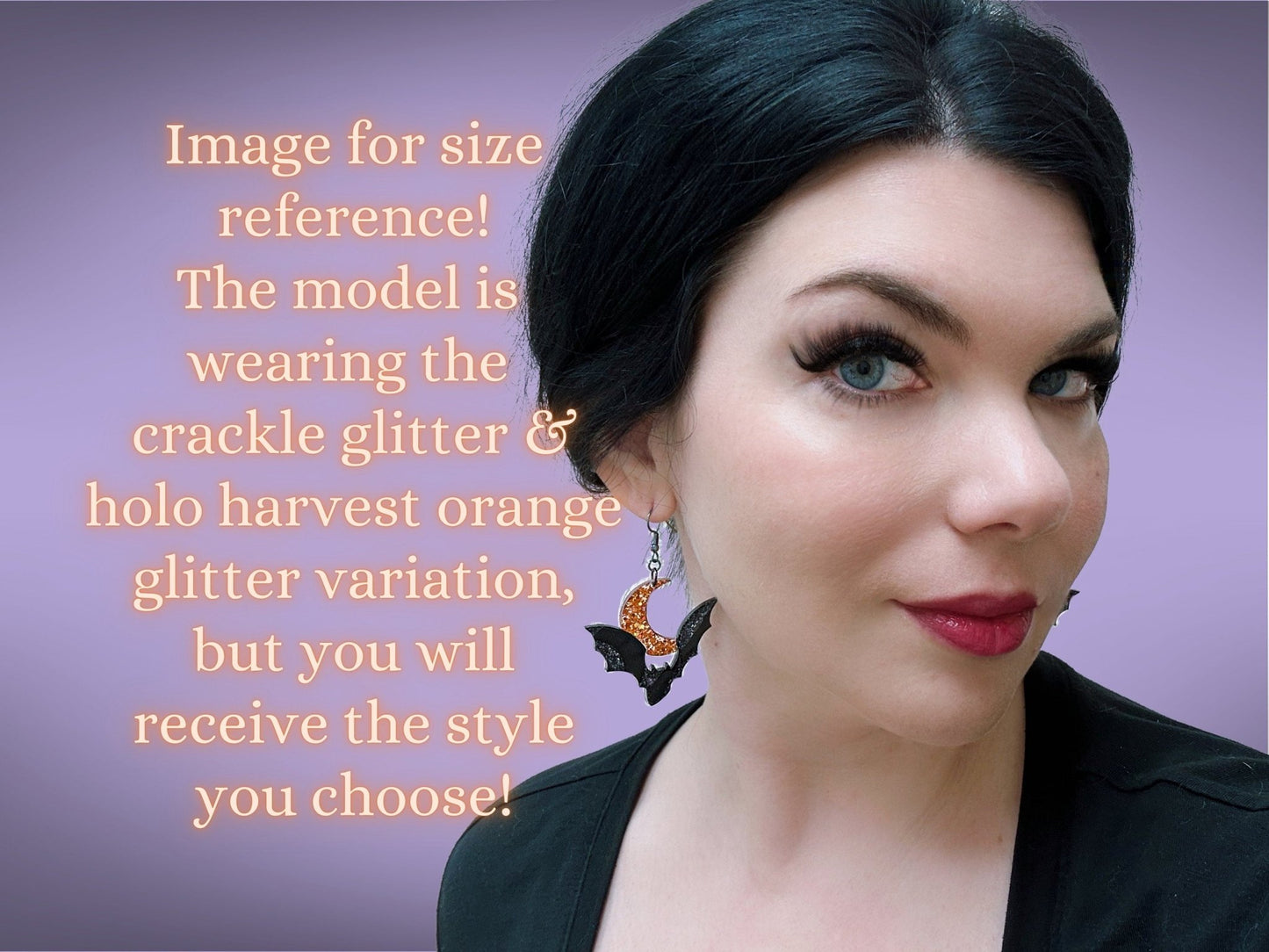 Bat and Crescent Moon Earrings | Asymmetrical Black Crackle and Holo Orange Glitter Halloween Dangles - Painted Raina