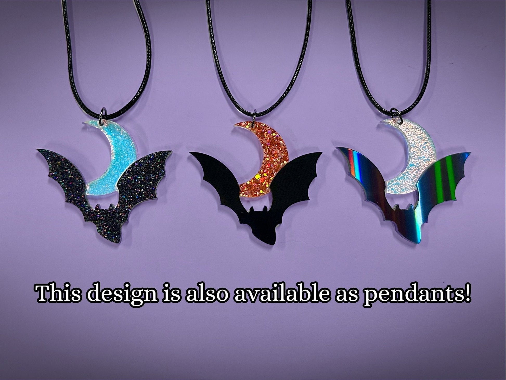 Bat and Crescent Moon Earrings | Asymmetrical Black Crackle and Holo Orange Glitter Halloween Dangles - Painted Raina