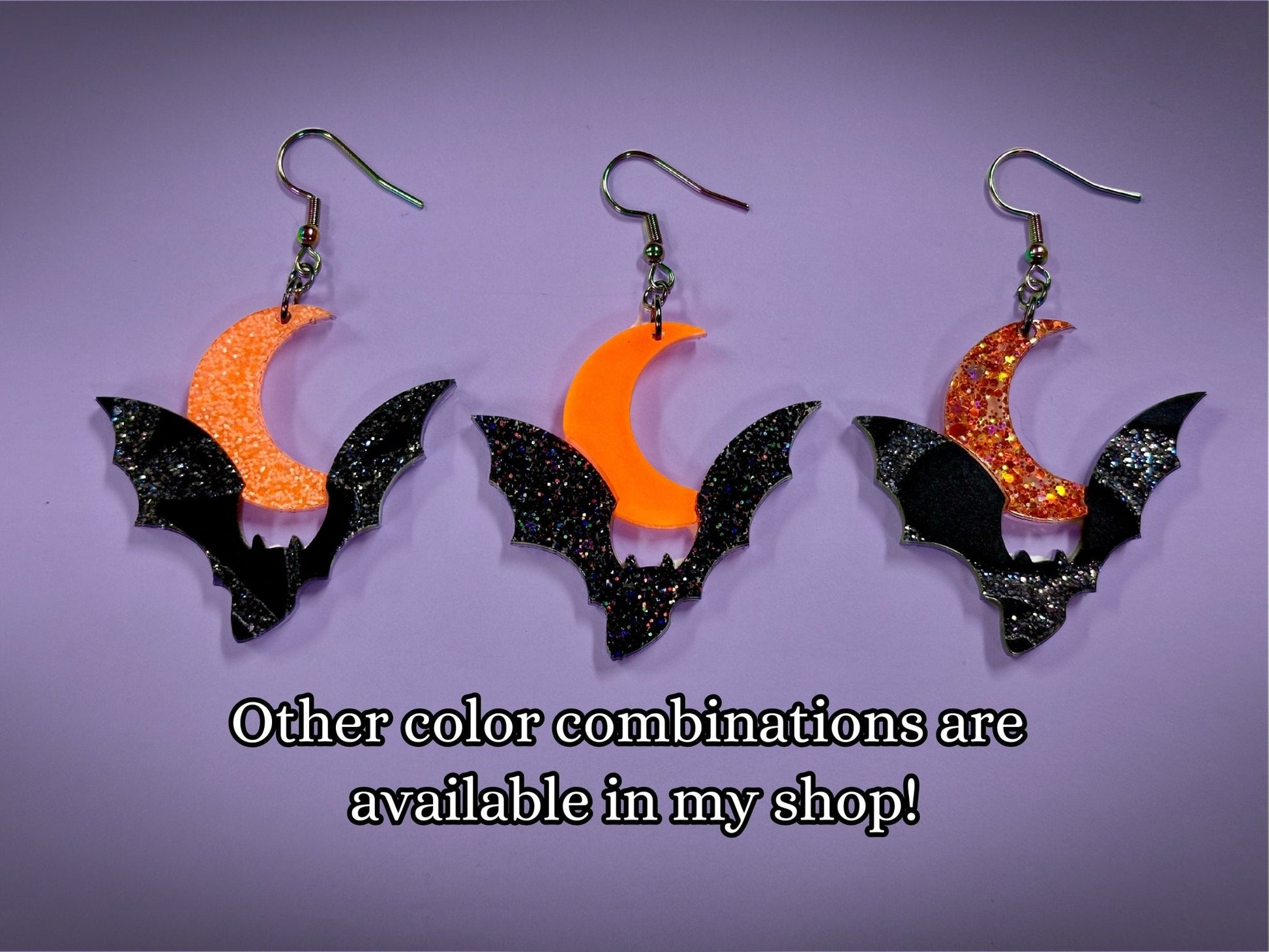 Bat and Crescent Moon Earrings | Asymmetrical Black Rainbow Glitter and Neon Matte Orange Halloween Dangles - Painted Raina