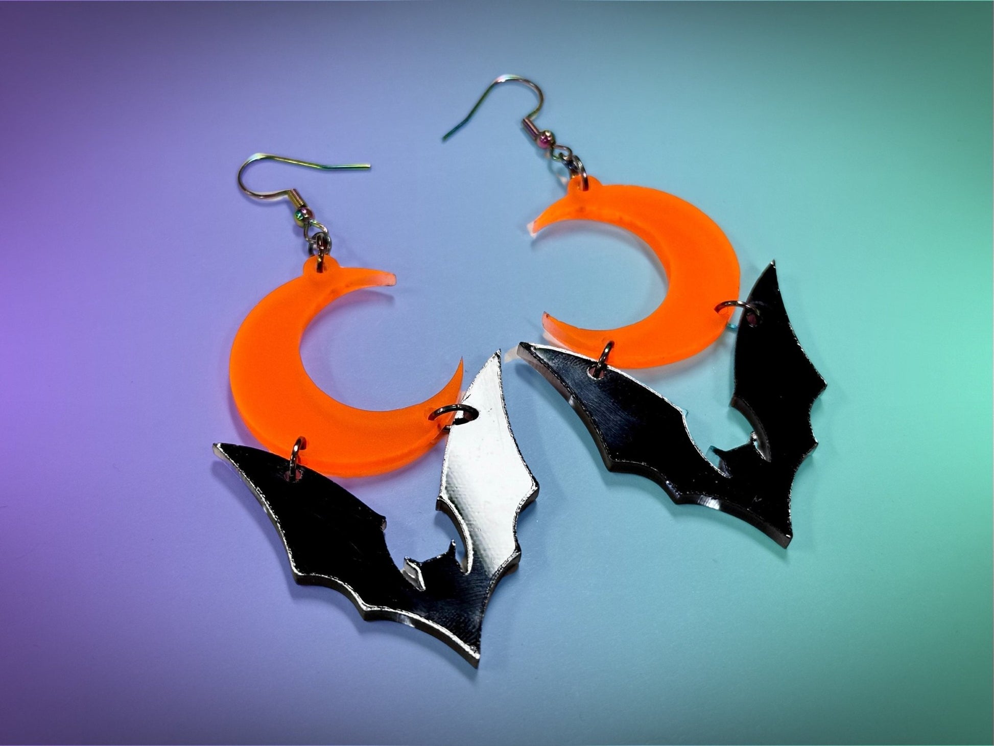 Bat and Crescent Moon Earrings | Black and Fluorescent Orange Glitz Halloween Dangles ! - Painted Raina