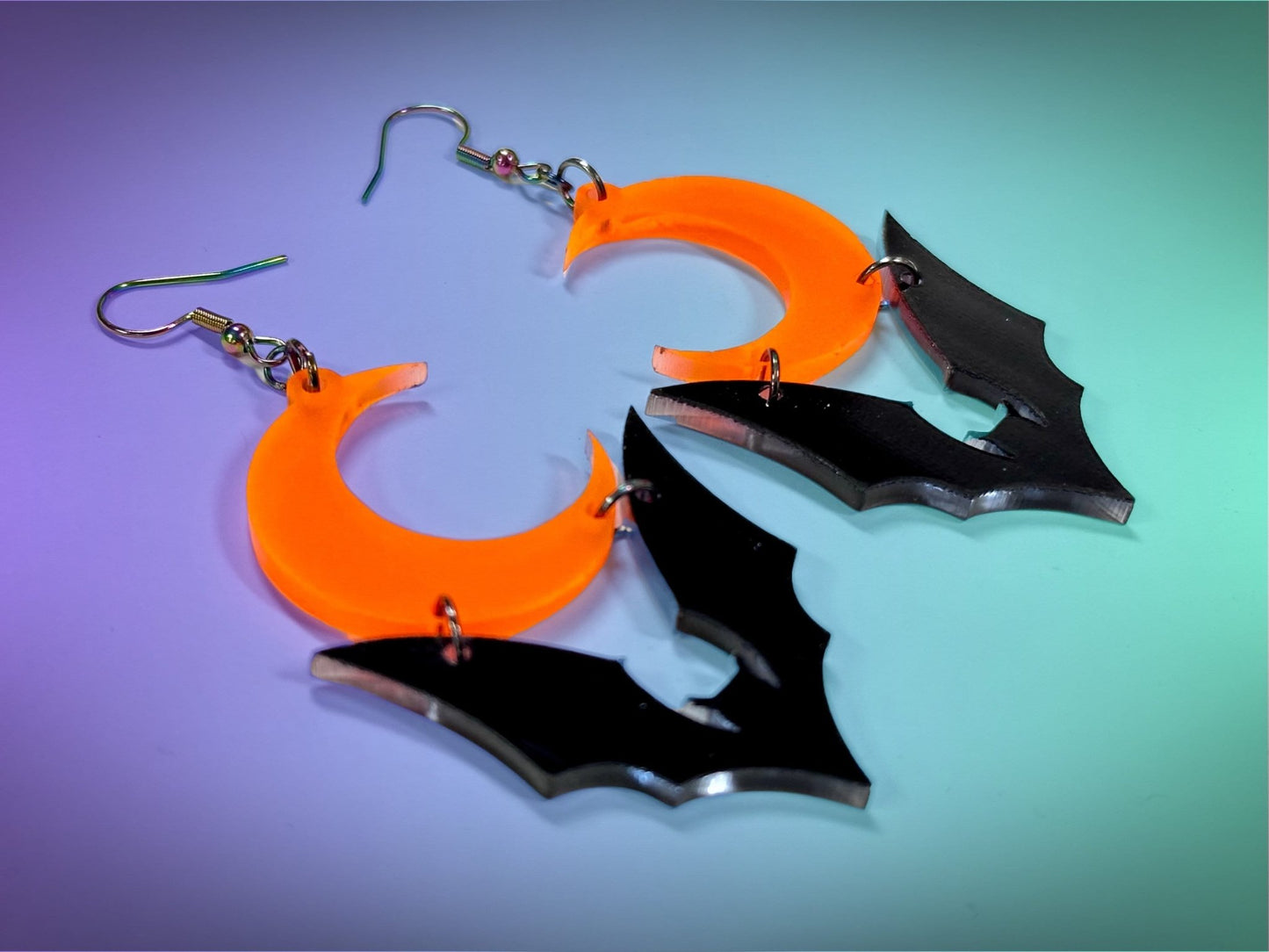 Bat and Crescent Moon Earrings | Black and Fluorescent Orange Glitz Halloween Dangles ! - Painted Raina