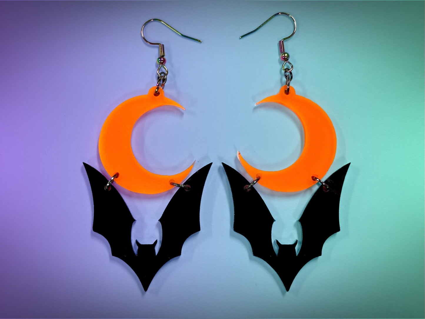Bat and Crescent Moon Earrings | Black and Fluorescent Orange Glitz Halloween Dangles ! - Painted Raina