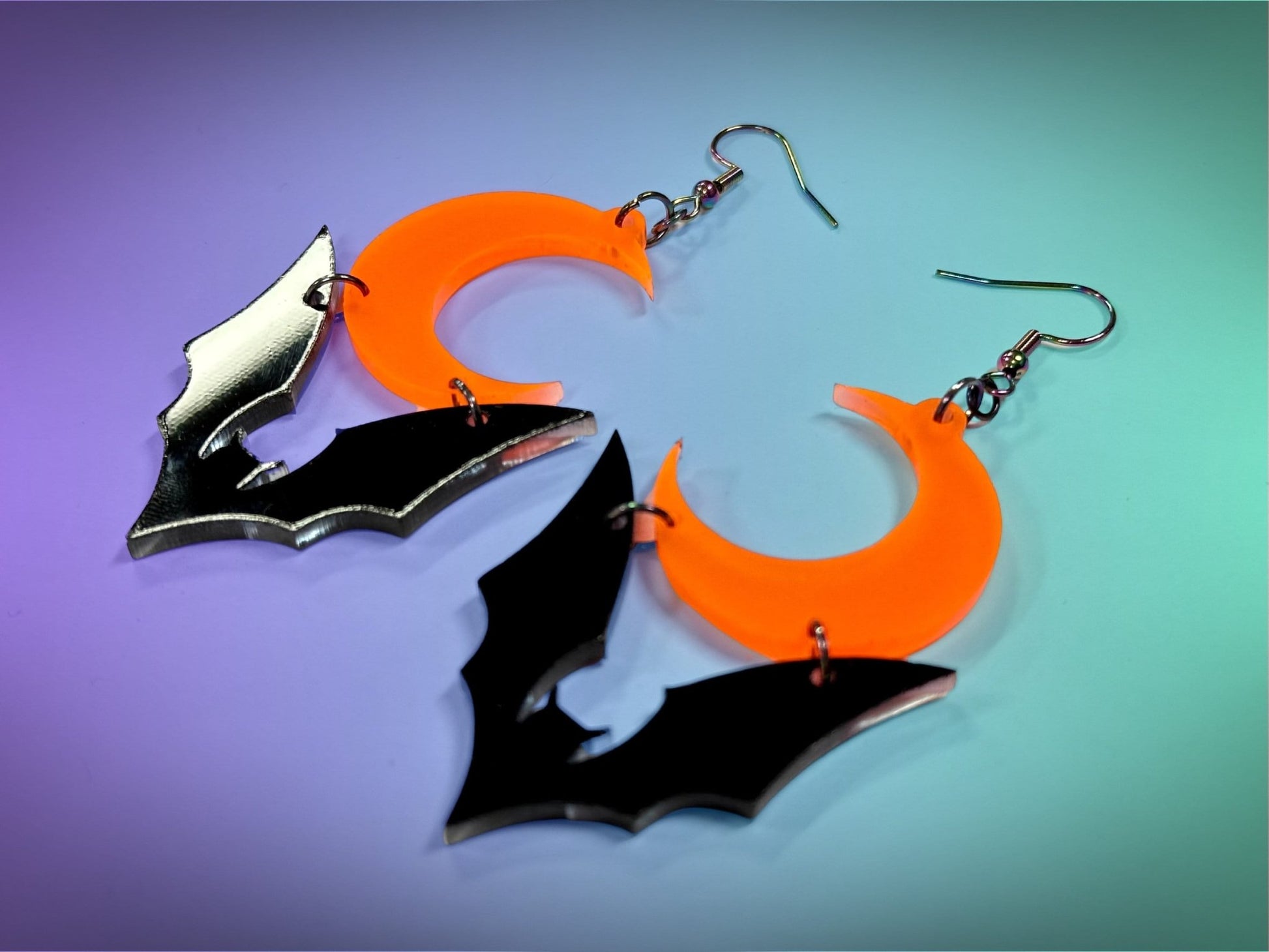 Bat and Crescent Moon Earrings | Black and Fluorescent Orange Glitz Halloween Dangles ! - Painted Raina