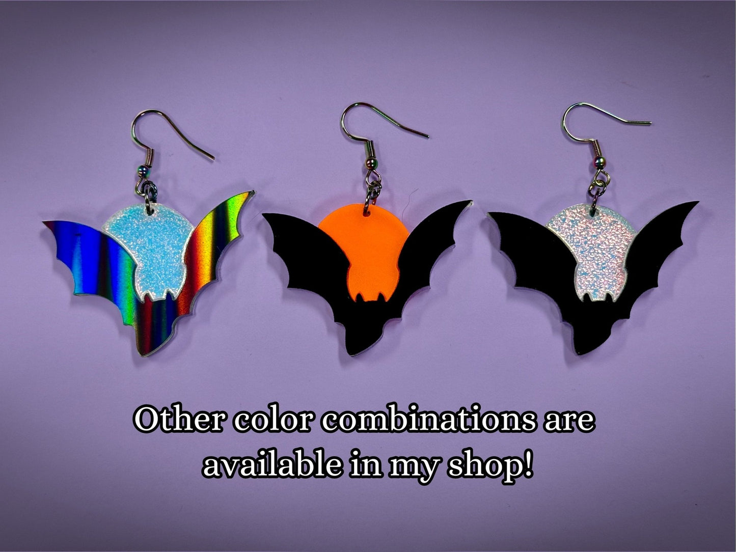 Bat and Full Moon Earrings | Asymmetrical Black Rainbow Holo and Textured Iridescent Halloween Dangles ! - Painted Raina