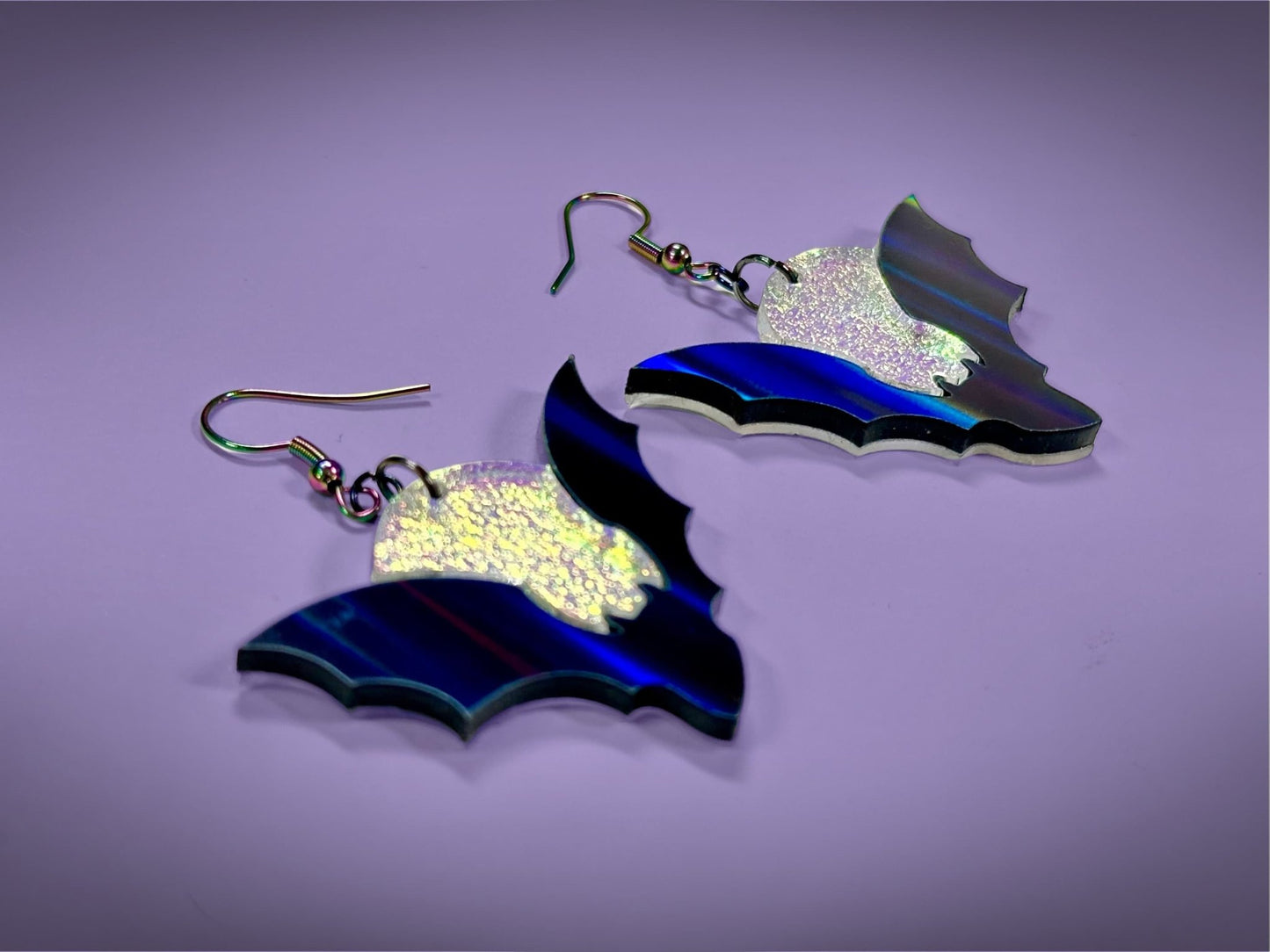 Bat and Full Moon Earrings | Asymmetrical Black Rainbow Holo and Textured Iridescent Halloween Dangles ! - Painted Raina