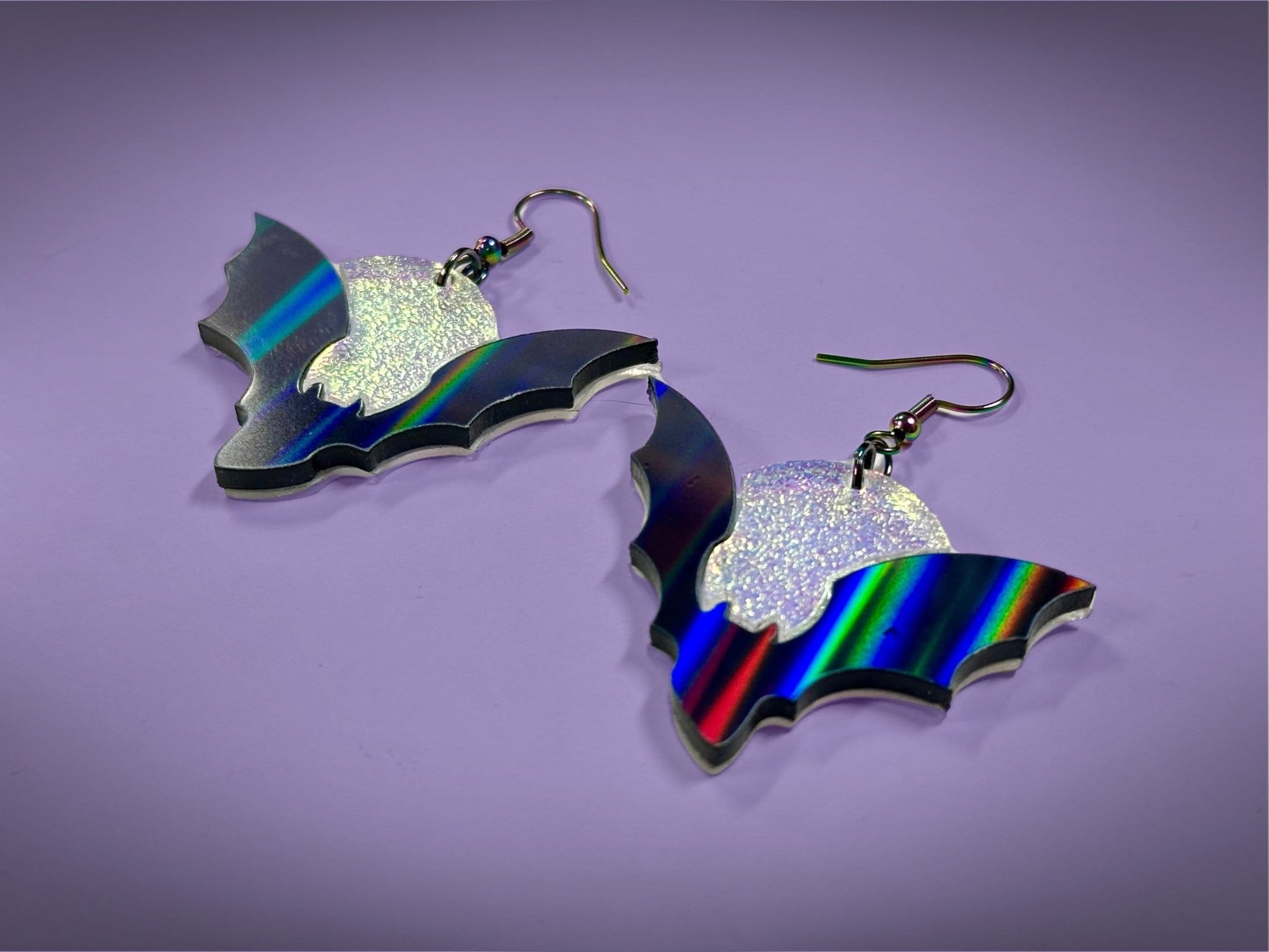 Bat and Full Moon Earrings | Asymmetrical Black Rainbow Holo and Textured Iridescent Halloween Dangles ! - Painted Raina