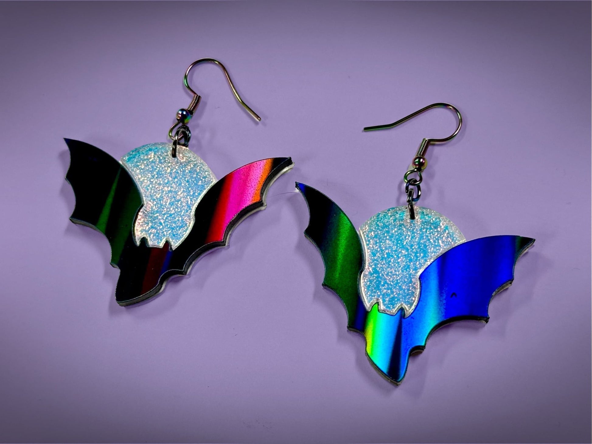 Bat and Full Moon Earrings | Asymmetrical Black Rainbow Holo and Textured Iridescent Halloween Dangles ! - Painted Raina