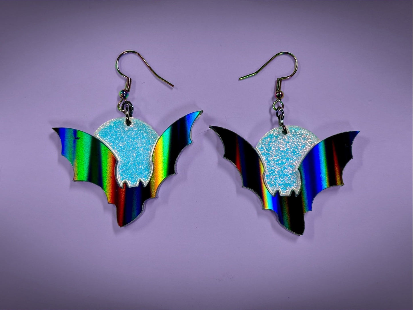 Bat and Full Moon Earrings | Asymmetrical Black Rainbow Holo and Textured Iridescent Halloween Dangles ! - Painted Raina