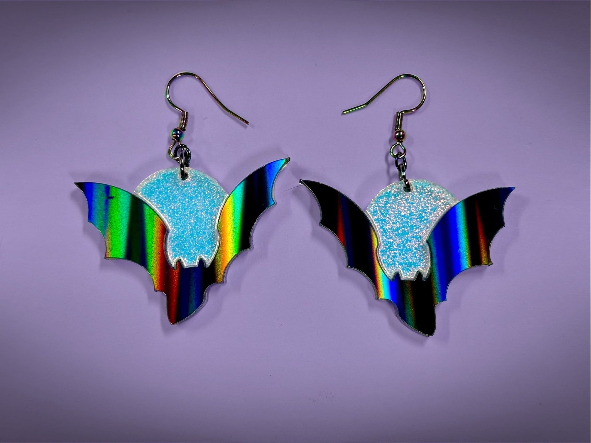 Bat and Full Moon Earrings | Asymmetrical Black Rainbow Holo and Textured Iridescent Halloween Dangles ! - Painted Raina