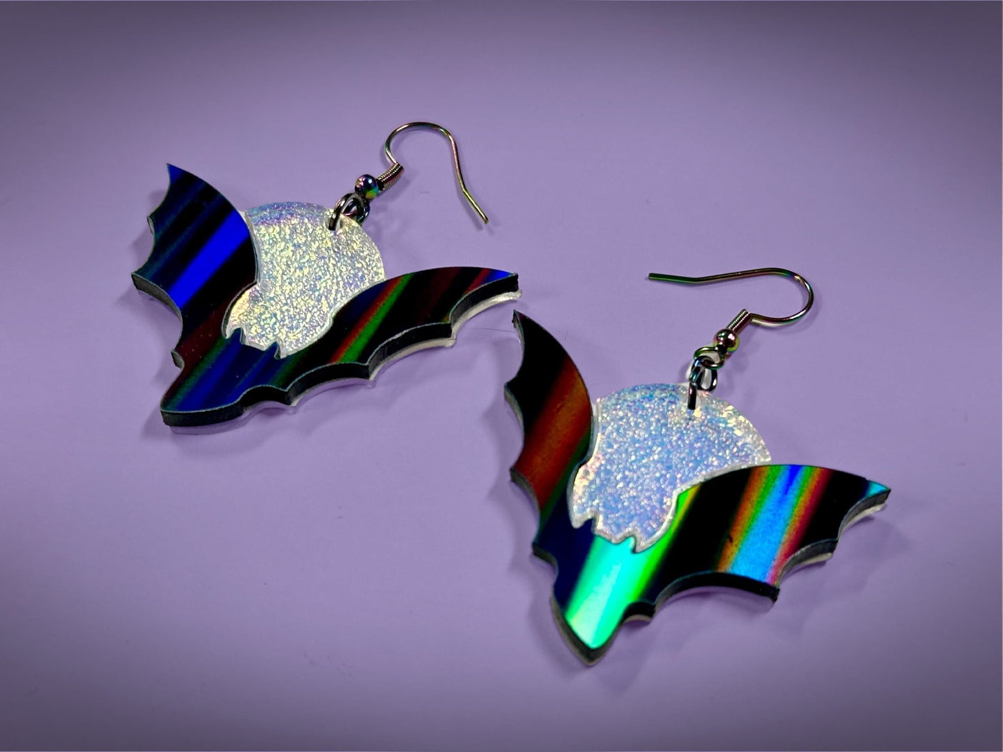 Bat and Full Moon Earrings | Asymmetrical Black Rainbow Holo and Textured Iridescent Halloween Dangles ! - Painted Raina