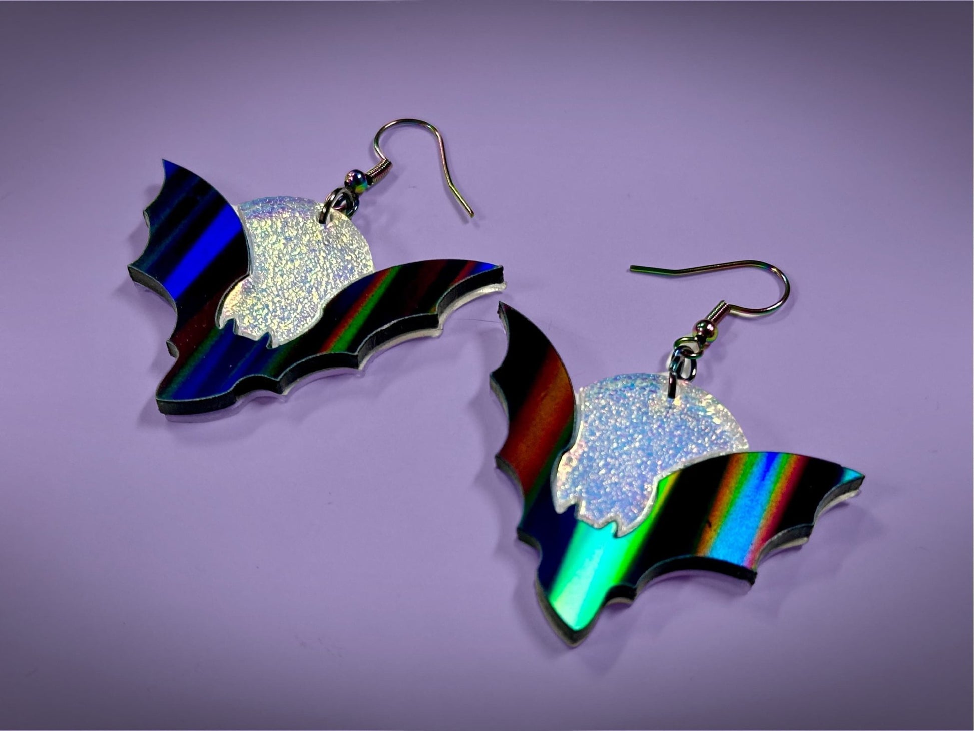 Bat and Full Moon Earrings | Asymmetrical Black Rainbow Holo and Textured Iridescent Halloween Dangles ! - Painted Raina