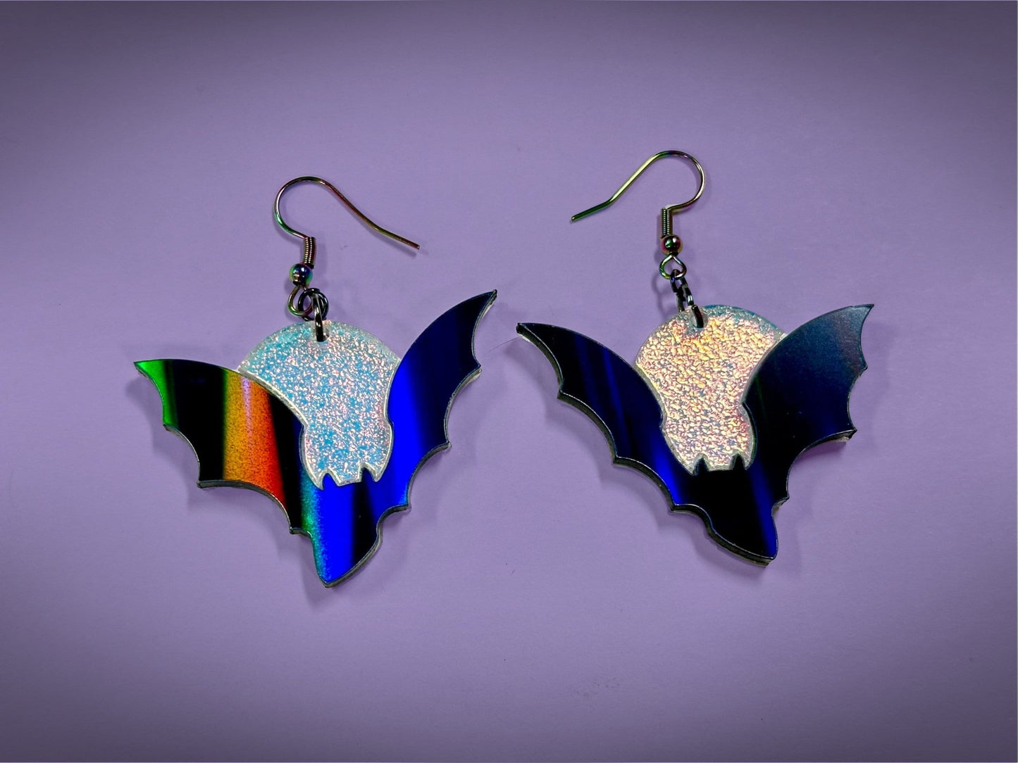 Bat and Full Moon Earrings | Asymmetrical Black Rainbow Holo and Textured Iridescent Halloween Dangles ! - Painted Raina