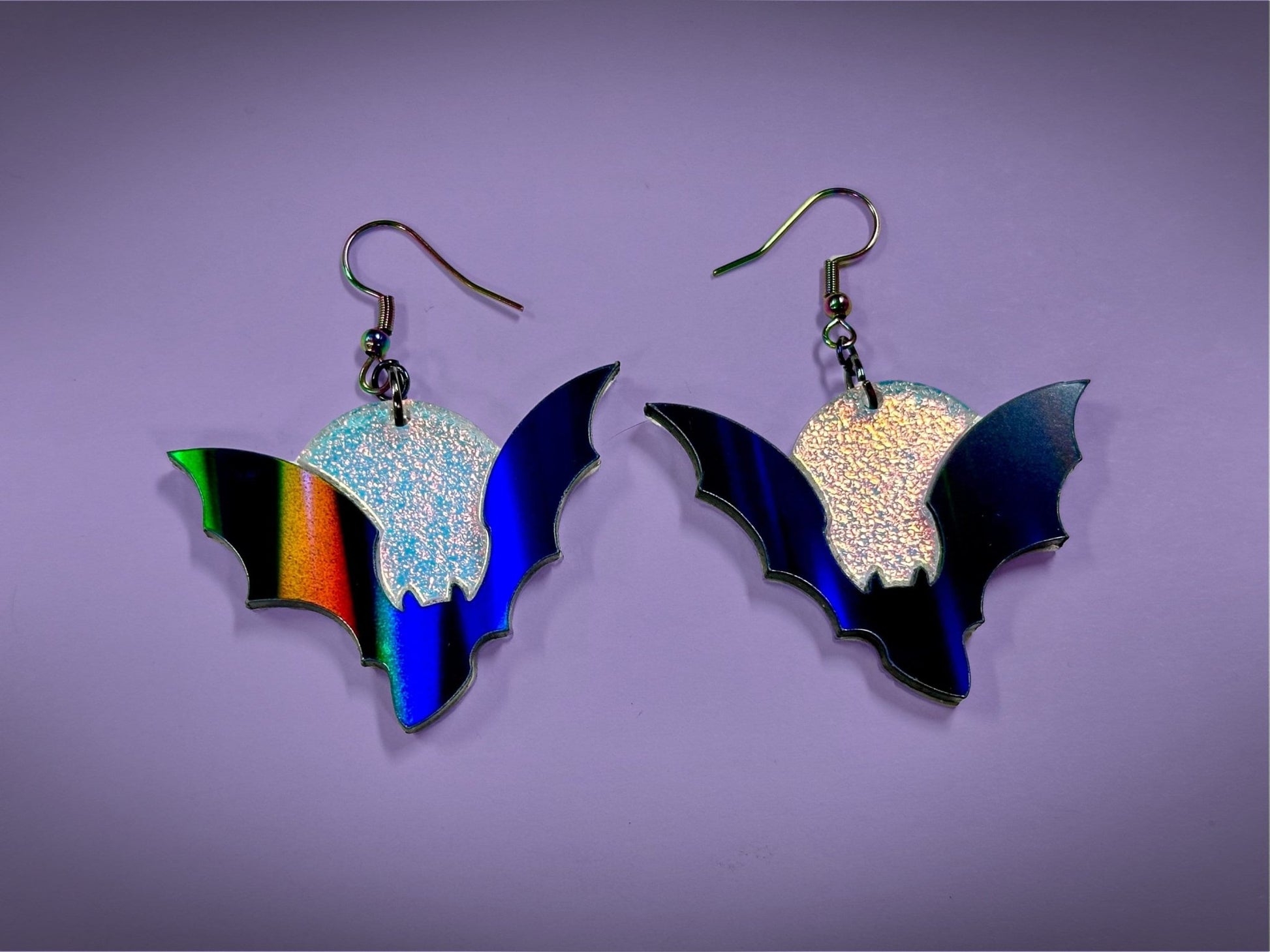 Bat and Full Moon Earrings | Asymmetrical Black Rainbow Holo and Textured Iridescent Halloween Dangles ! - Painted Raina