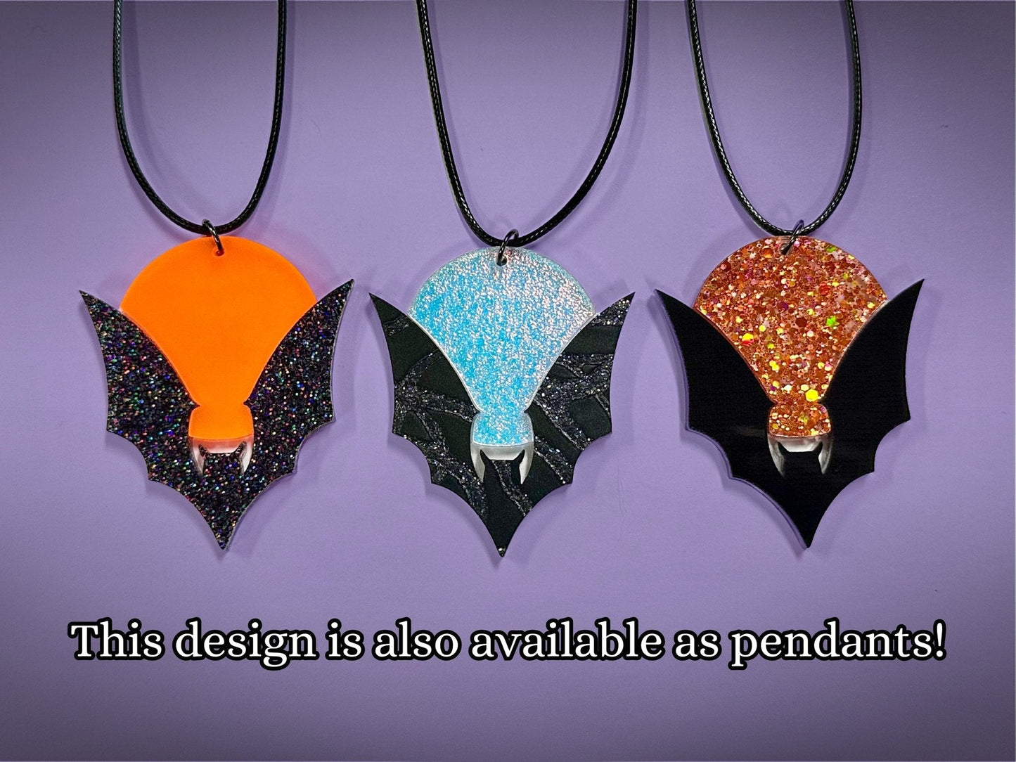 Bat and Full Moon Earrings | Black Rainbow Glitter and Textured Iridescent Halloween Dangles - Painted Raina