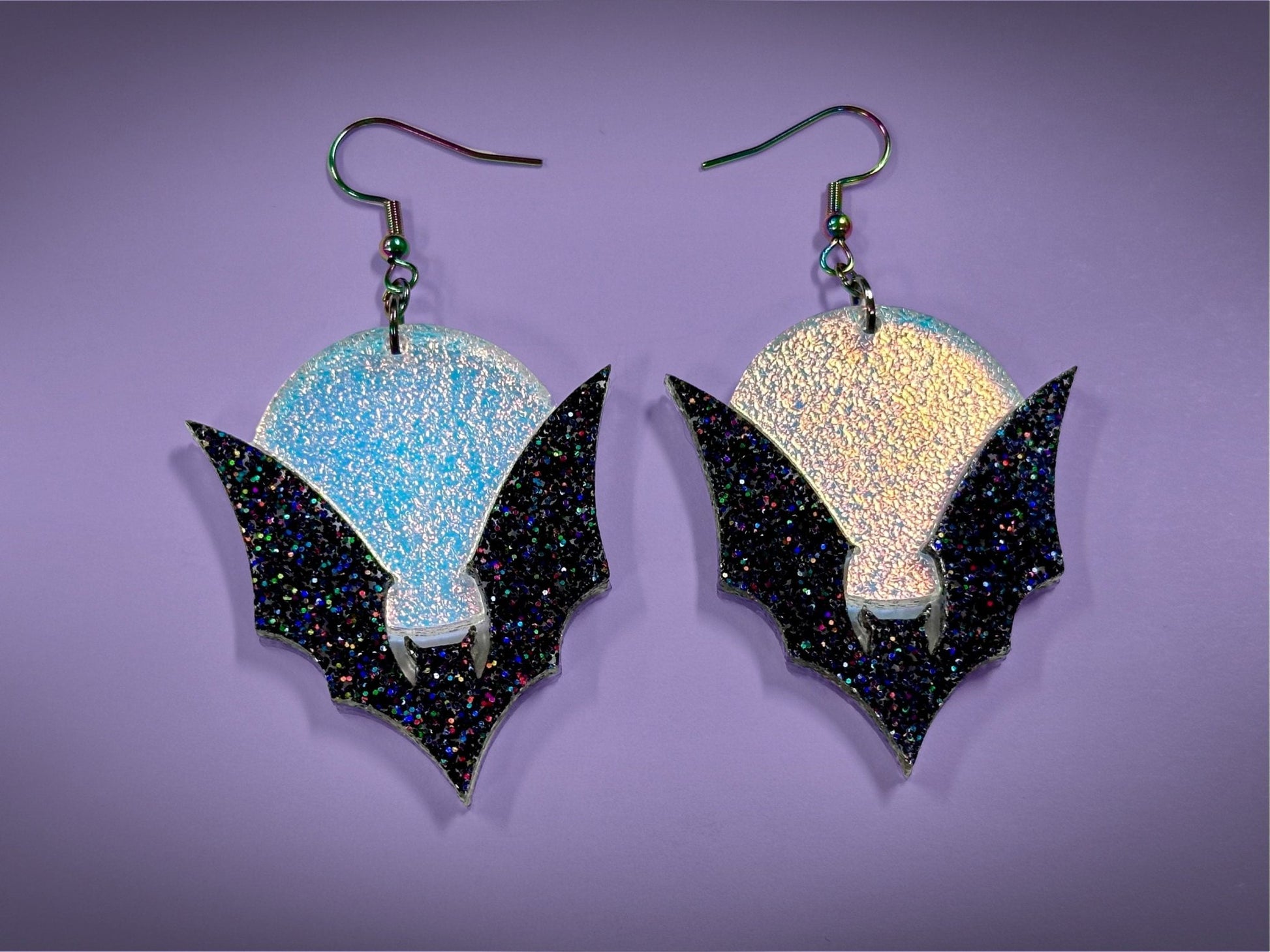 Bat and Full Moon Earrings | Black Rainbow Glitter and Textured Iridescent Halloween Dangles - Painted Raina