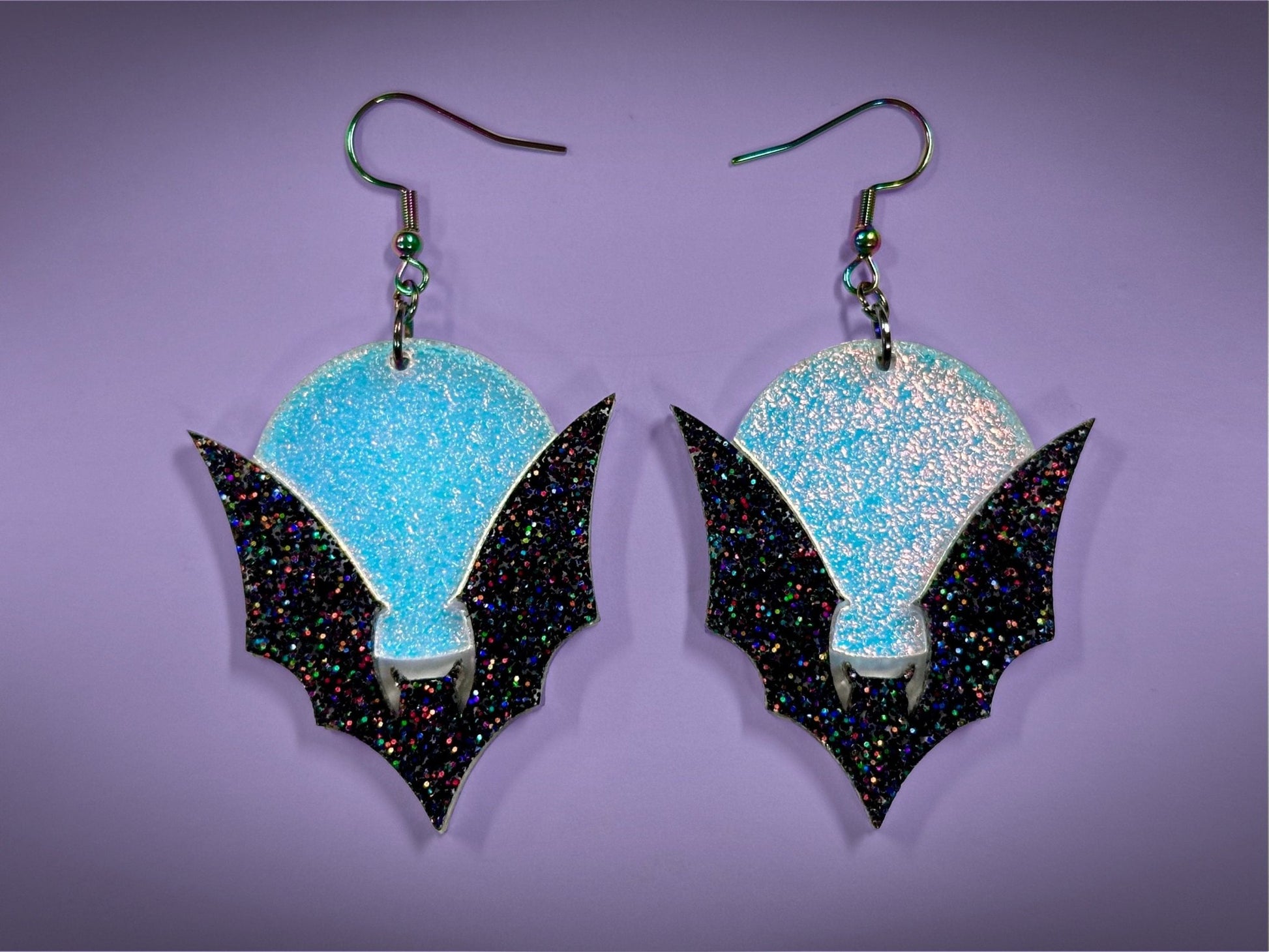Bat and Full Moon Earrings | Black Rainbow Glitter and Textured Iridescent Halloween Dangles - Painted Raina