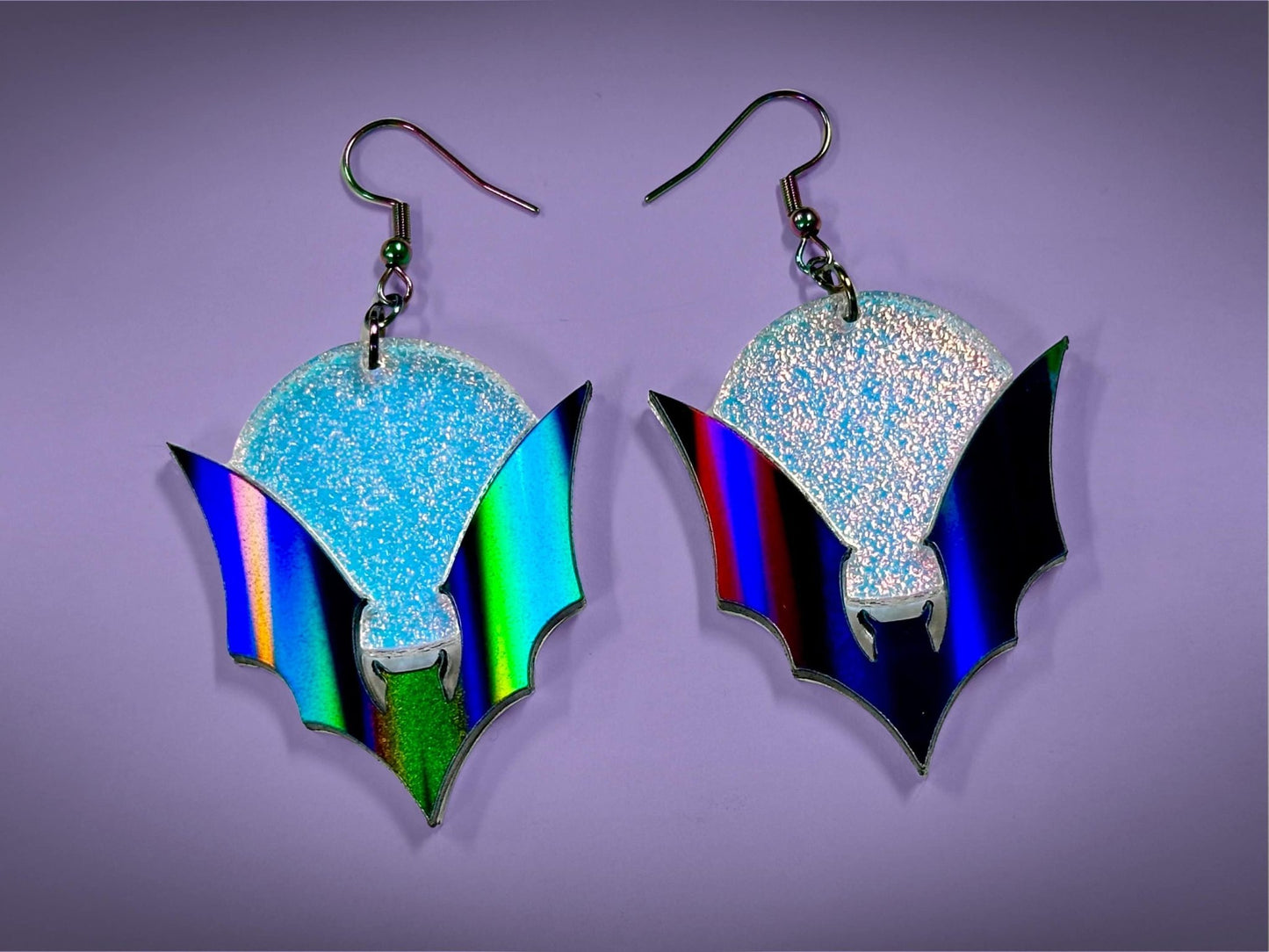 Bat and Full Moon Earrings | Black Rainbow Holo and Textured Iridescent Halloween Dangles ! - Painted Raina