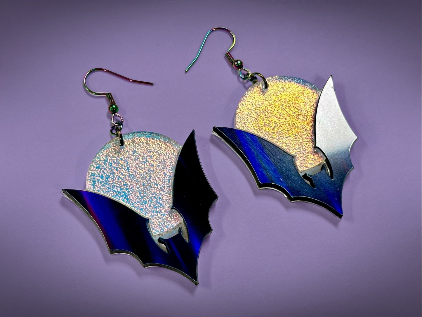 Bat and Full Moon Earrings | Black Rainbow Holo and Textured Iridescent Halloween Dangles ! - Painted Raina