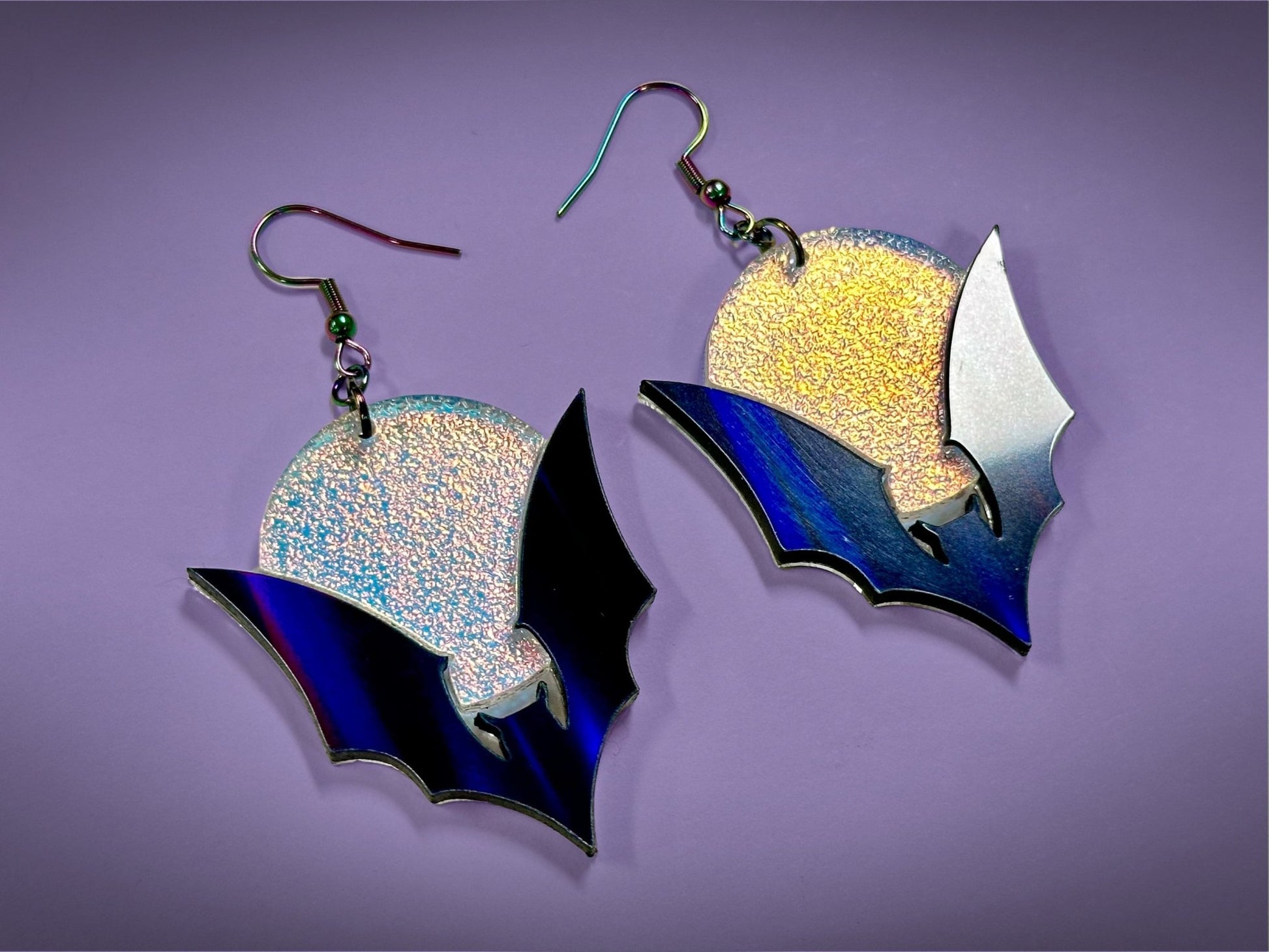 Bat and Full Moon Earrings | Black Rainbow Holo and Textured Iridescent Halloween Dangles ! - Painted Raina