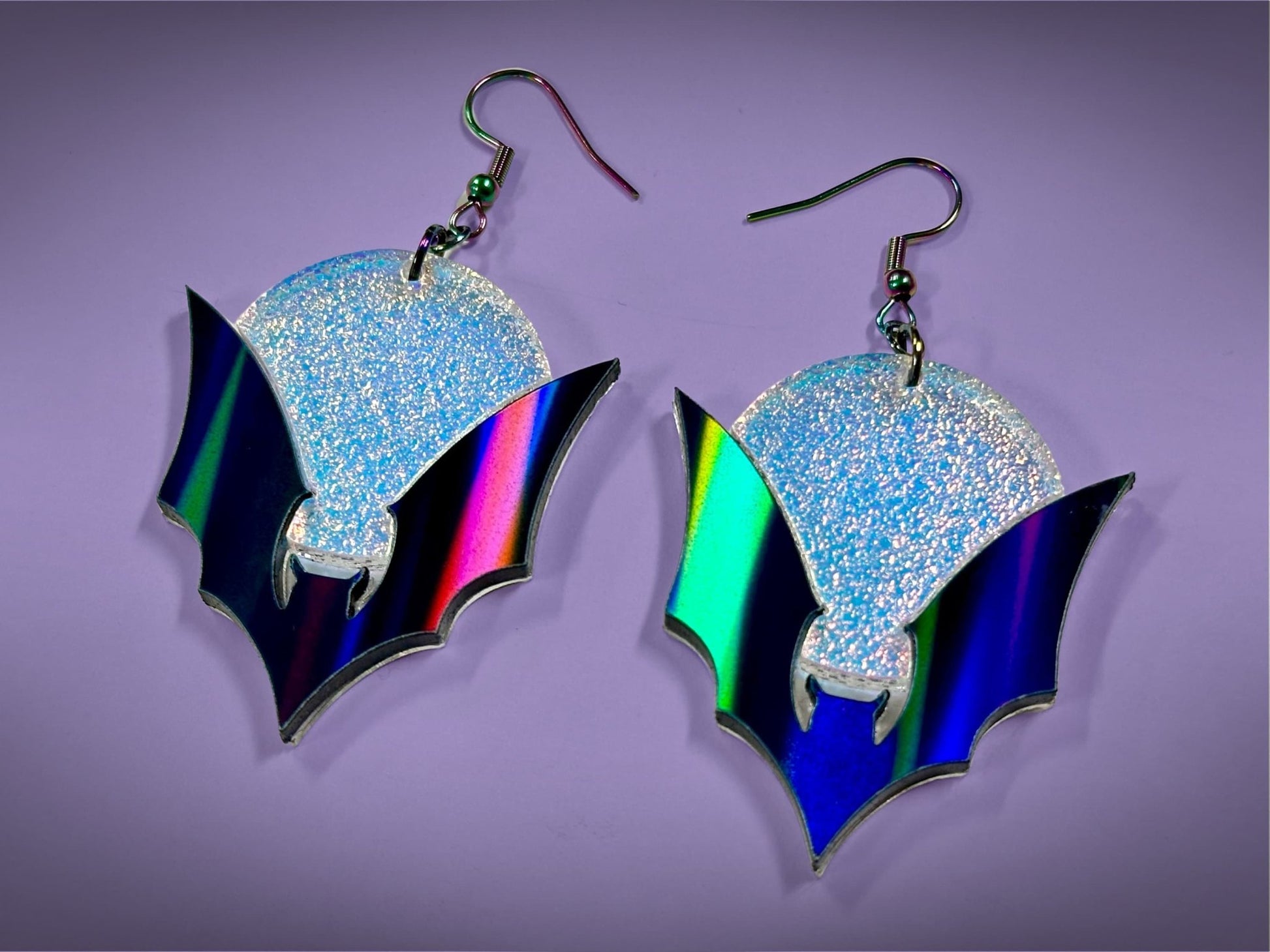 Bat and Full Moon Earrings | Black Rainbow Holo and Textured Iridescent Halloween Dangles ! - Painted Raina