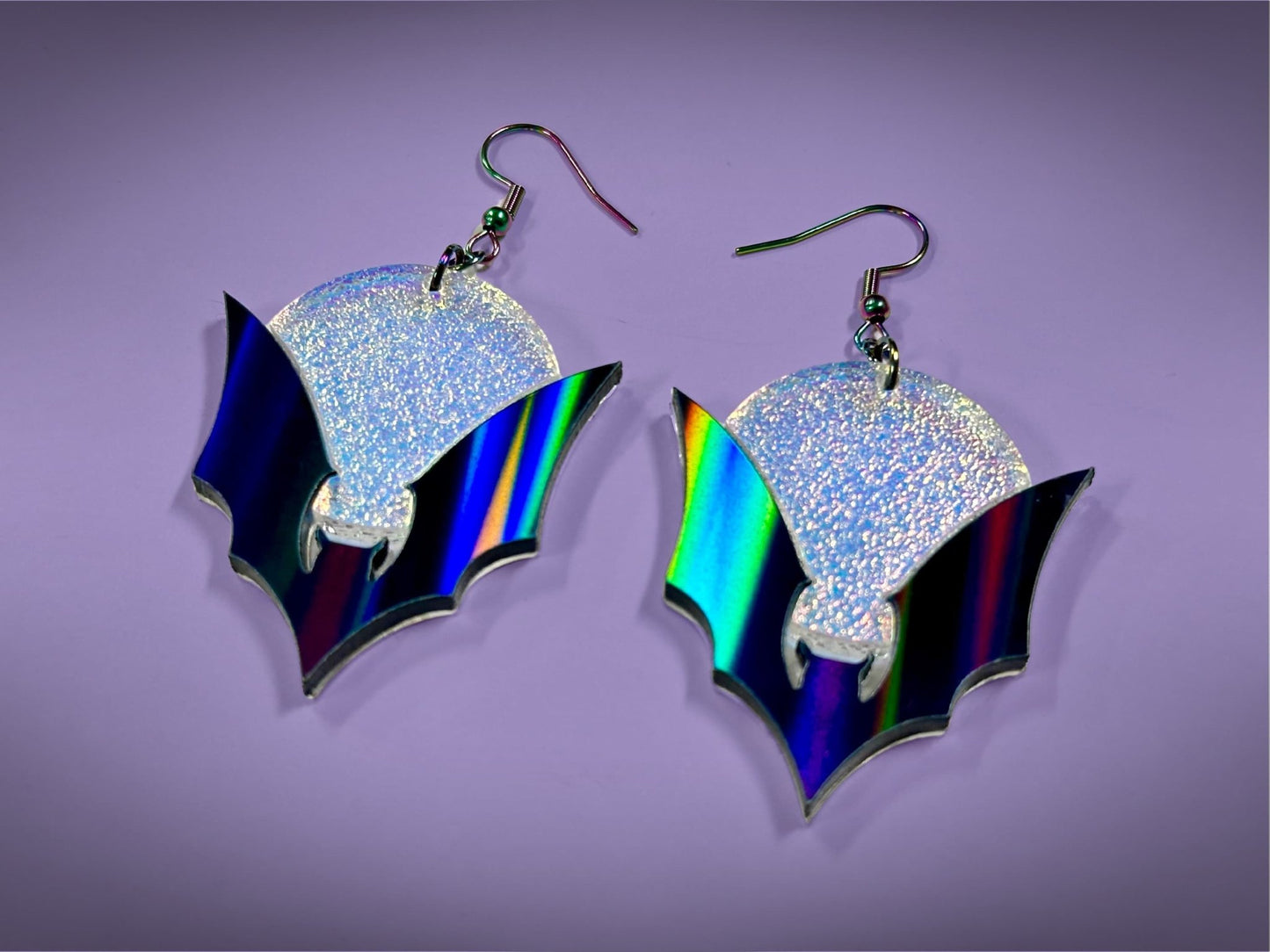 Bat and Full Moon Earrings | Black Rainbow Holo and Textured Iridescent Halloween Dangles ! - Painted Raina