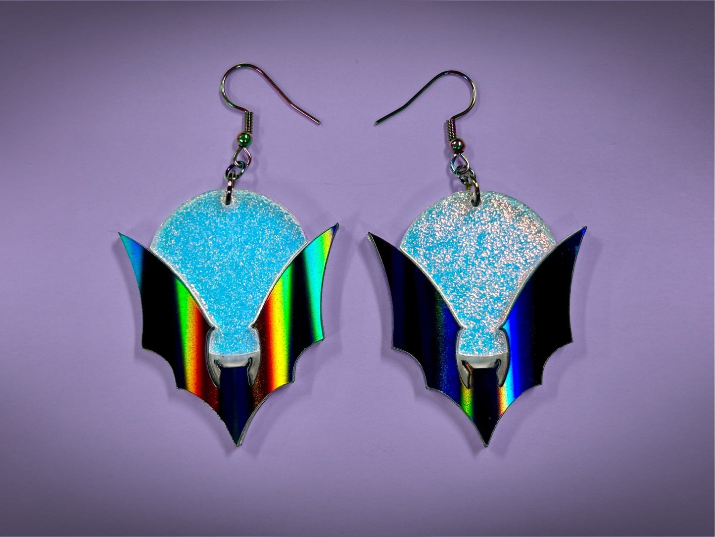 Bat and Full Moon Earrings | Black Rainbow Holo and Textured Iridescent Halloween Dangles ! - Painted Raina