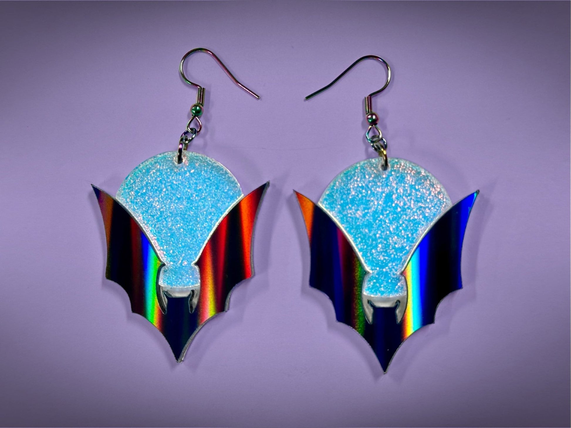 Bat and Full Moon Earrings | Black Rainbow Holo and Textured Iridescent Halloween Dangles ! - Painted Raina