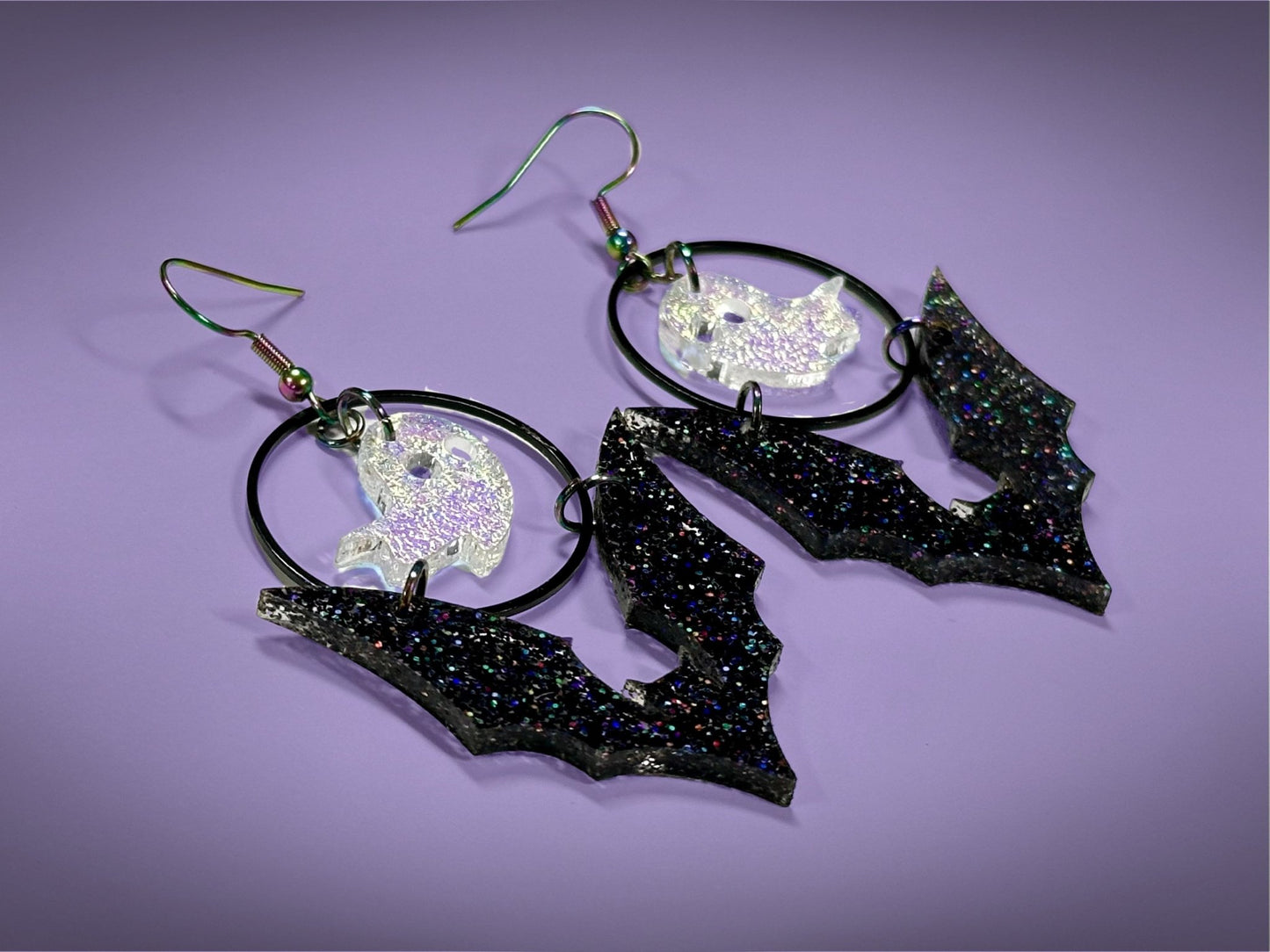Bat and Ghost Earrings | Sparkling Iridescent Halloween Novelty Dangles ! - Painted Raina