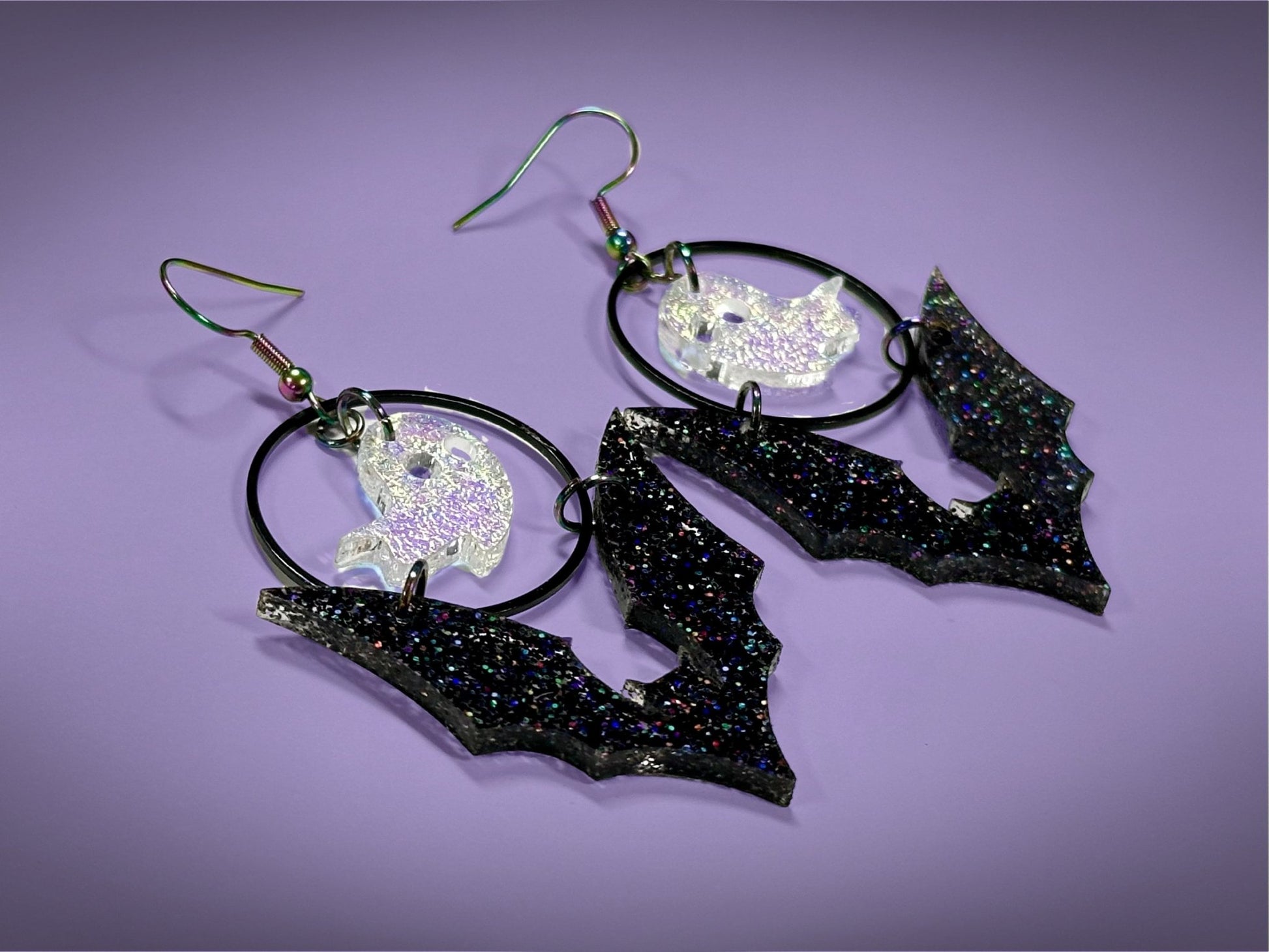 Bat and Ghost Earrings | Sparkling Iridescent Halloween Novelty Dangles ! - Painted Raina