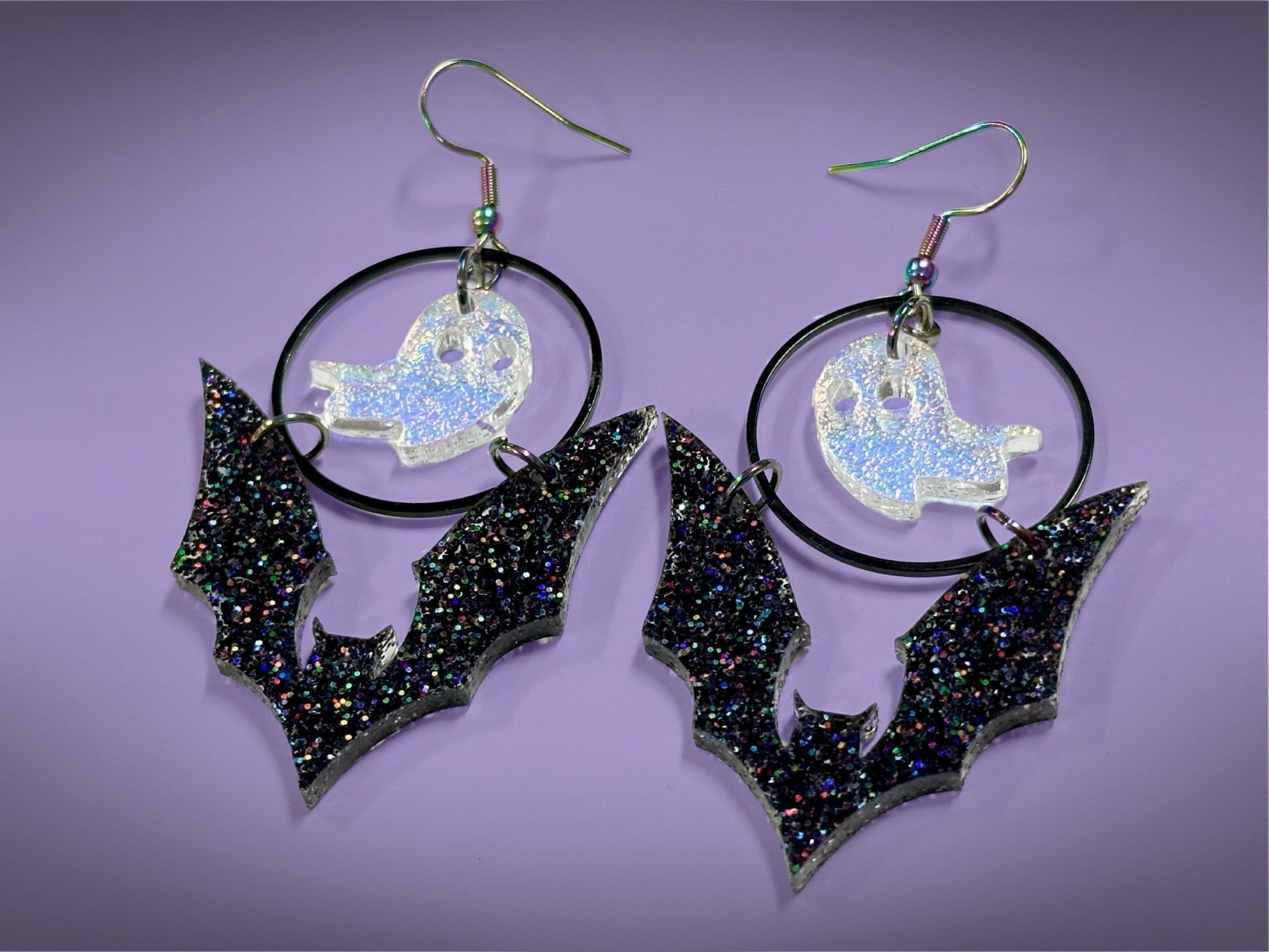 Bat and Ghost Earrings | Sparkling Iridescent Halloween Novelty Dangles ! - Painted Raina