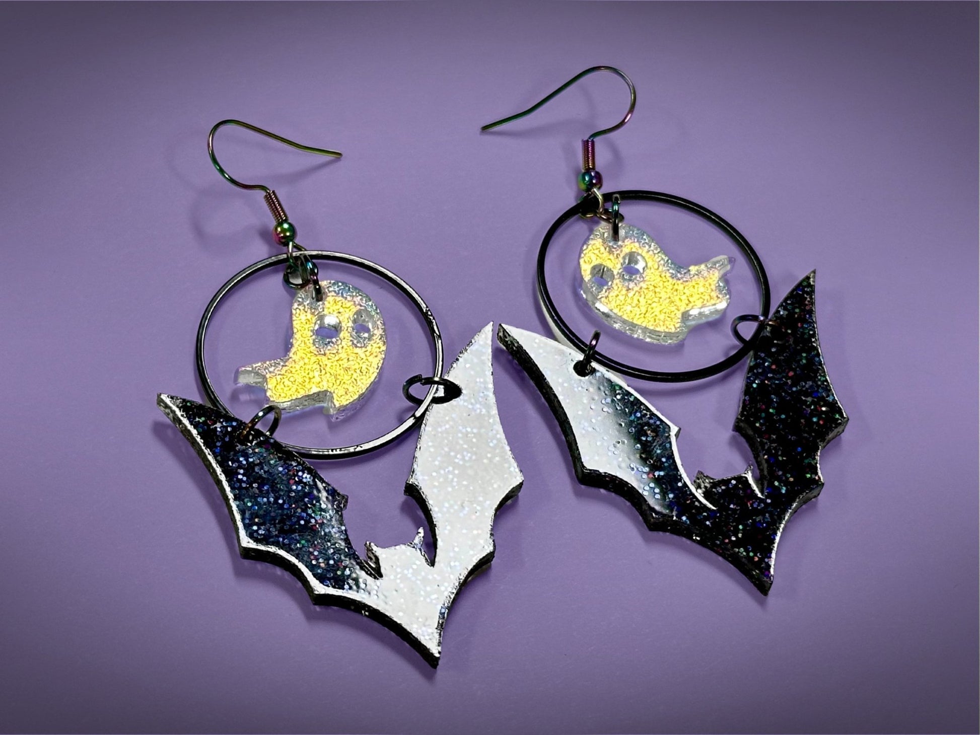 Bat and Ghost Earrings | Sparkling Iridescent Halloween Novelty Dangles ! - Painted Raina