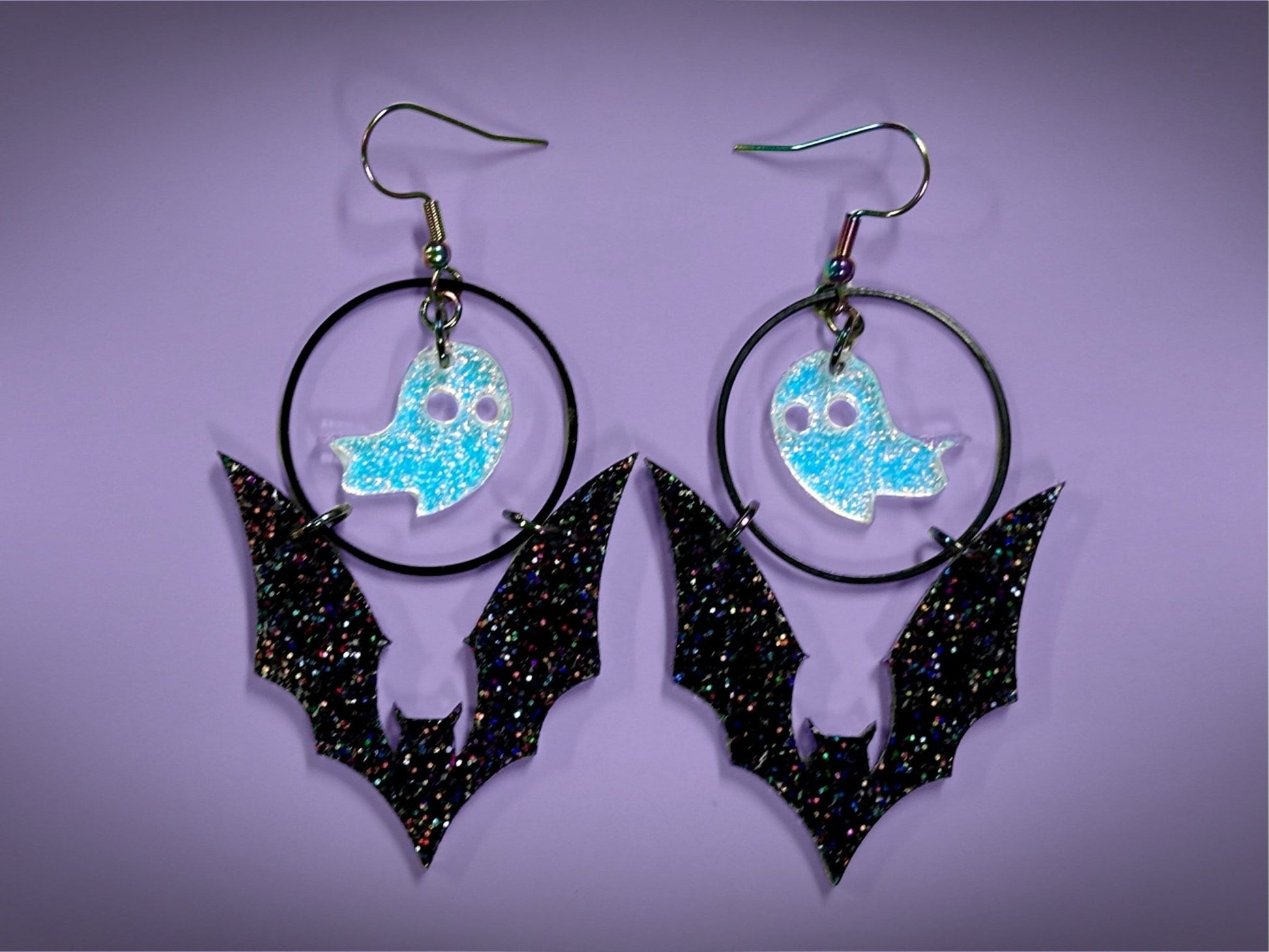 Bat and Ghost Earrings | Sparkling Iridescent Halloween Novelty Dangles ! - Painted Raina