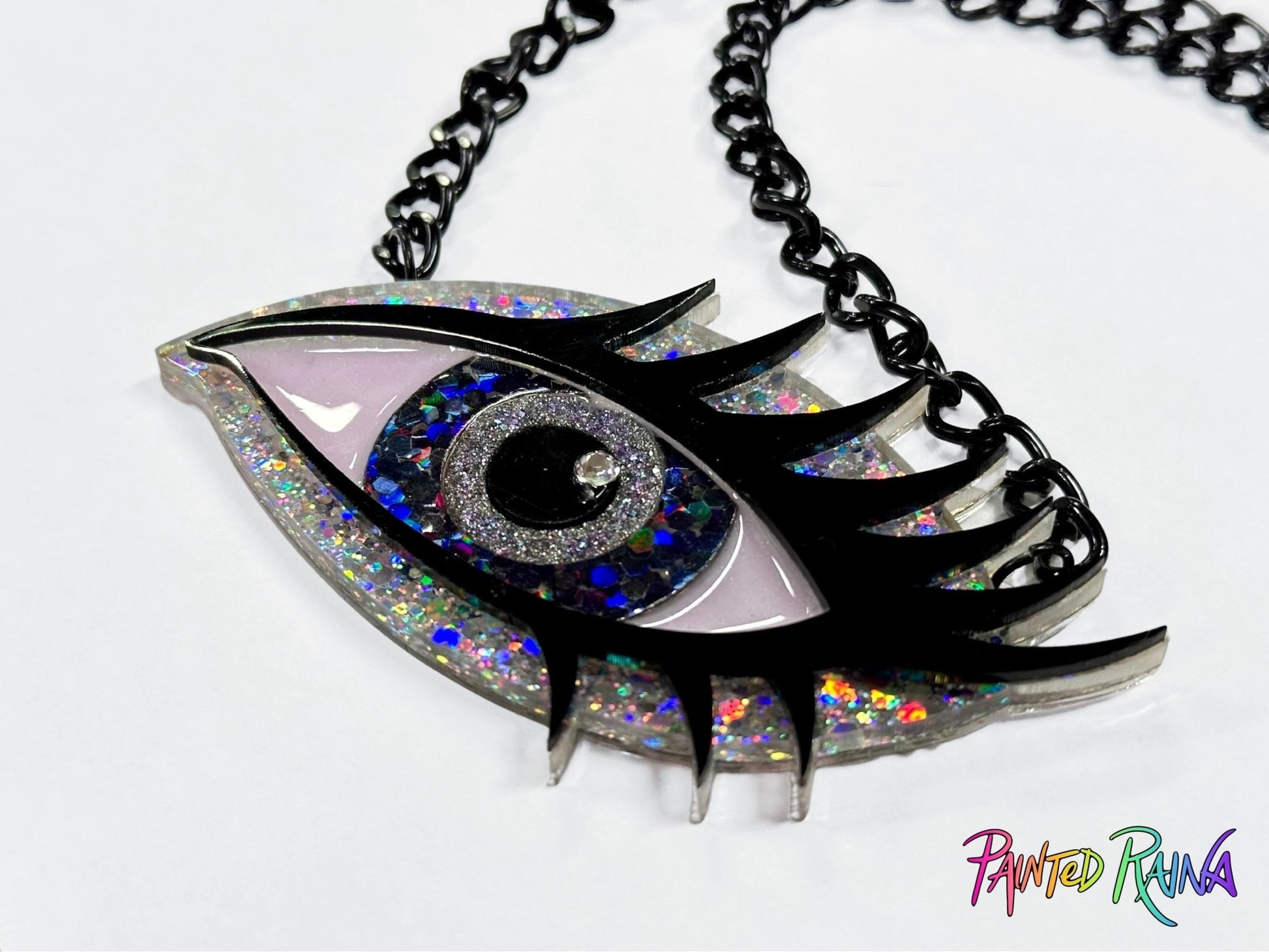 Black Magic Woman Eye Necklace - Gray & Holo Silver - Painted Raina