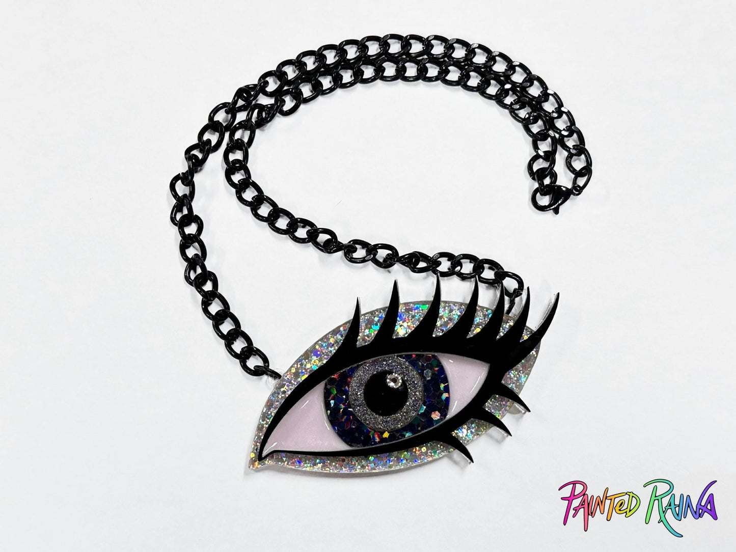 Black Magic Woman Eye Necklace - Gray & Holo Silver - Painted Raina