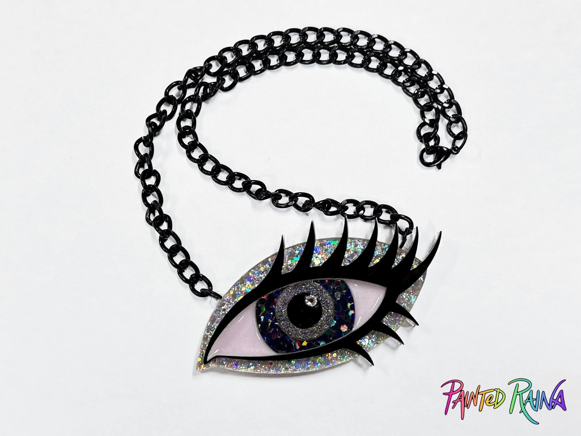 Black Magic Woman Eye Necklace - Gray & Holo Silver - Painted Raina