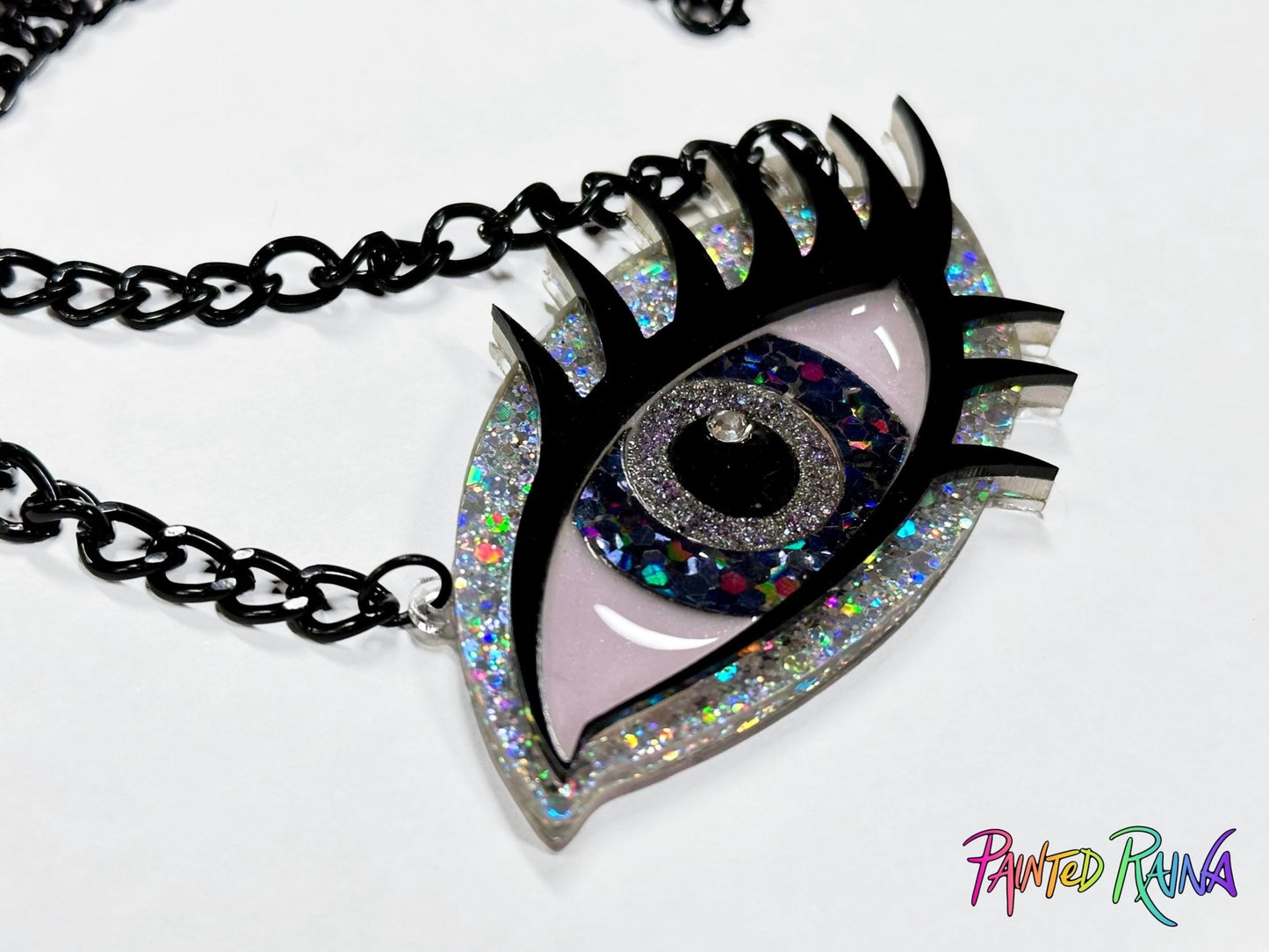 Black Magic Woman Eye Necklace - Gray & Holo Silver - Painted Raina
