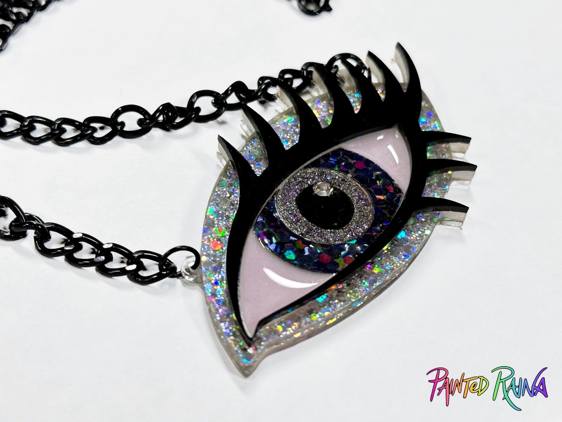Black Magic Woman Eye Necklace - Gray & Holo Silver - Painted Raina