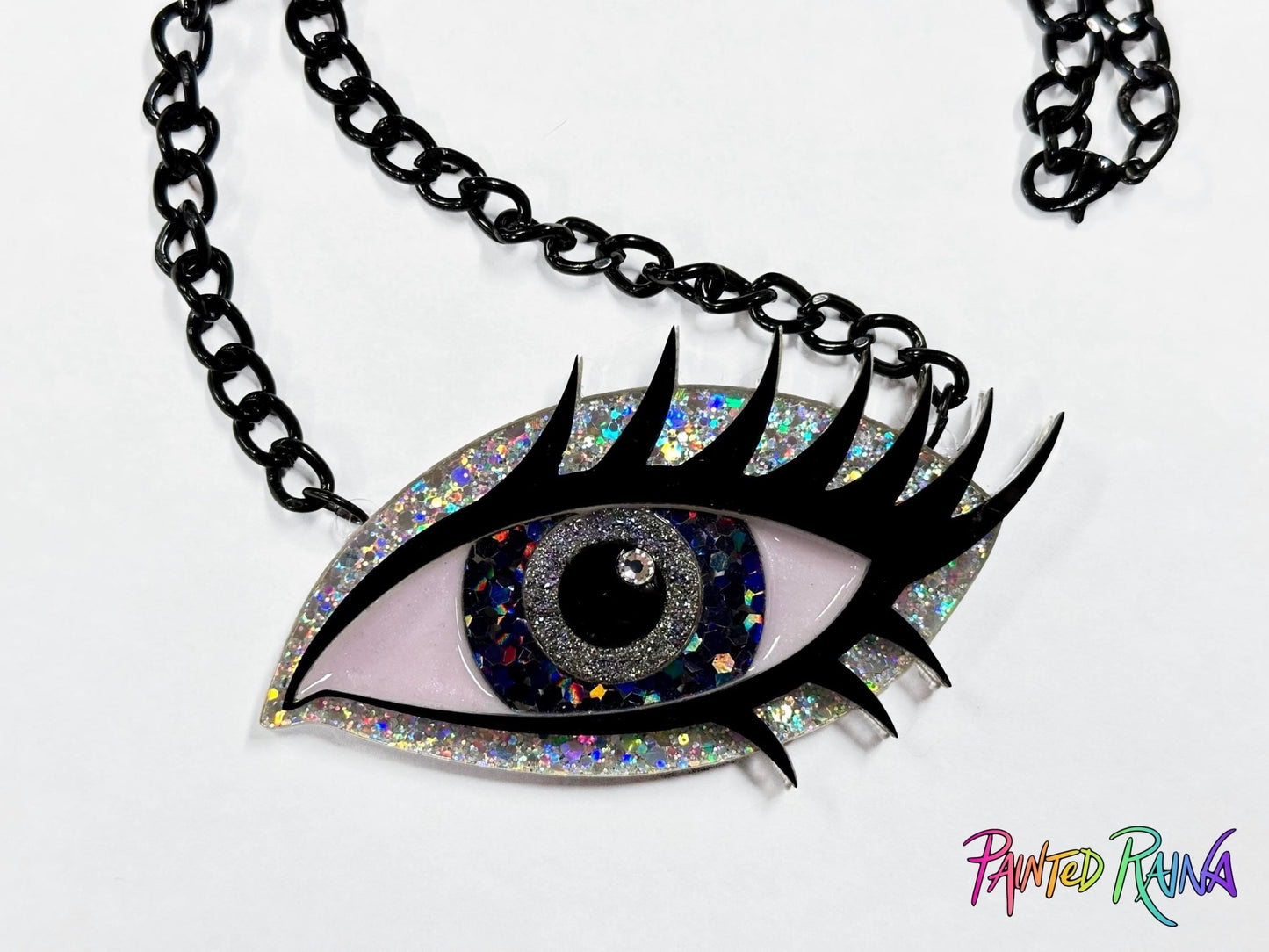Black Magic Woman Eye Necklace - Gray & Holo Silver - Painted Raina