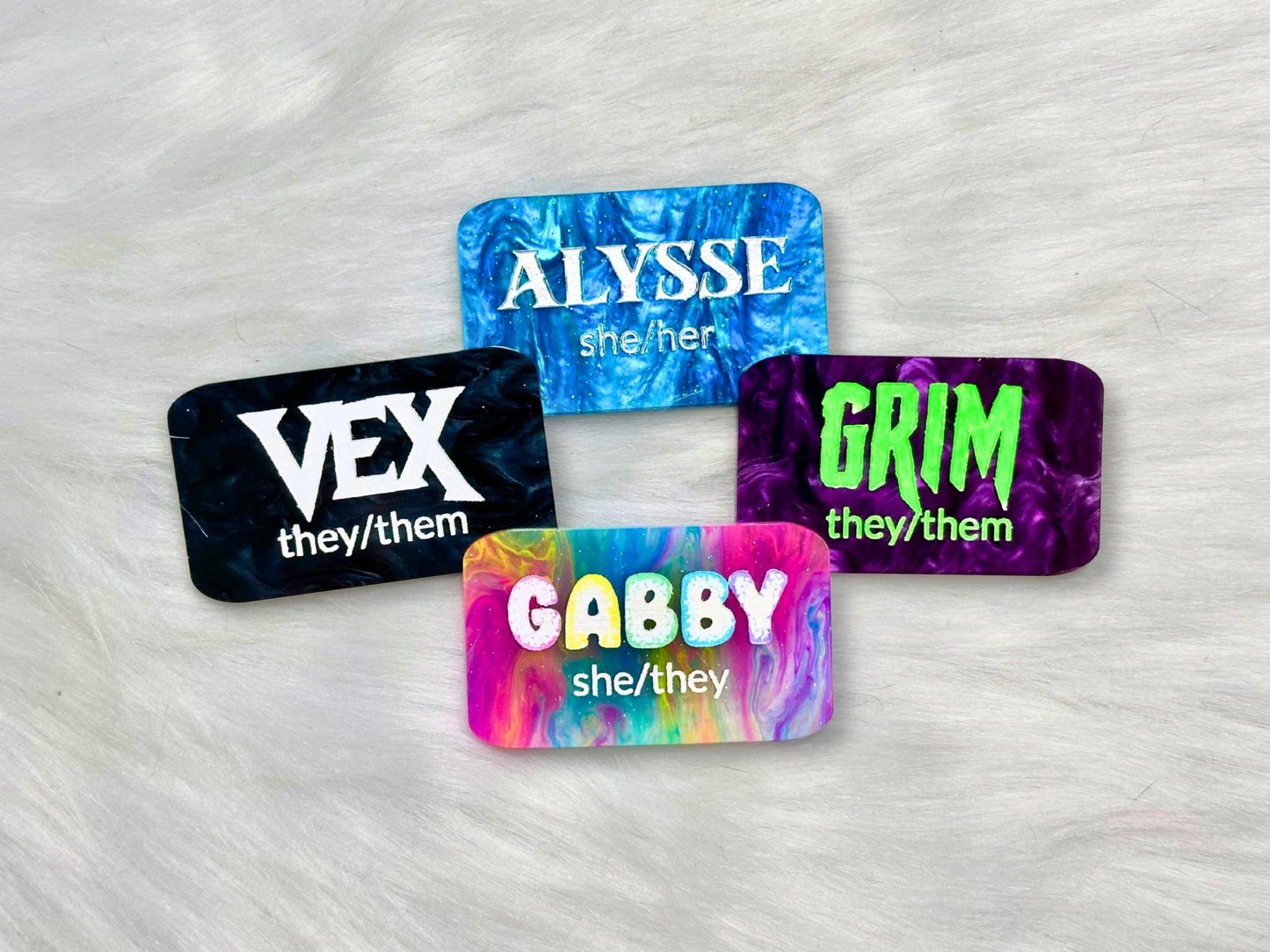 Custom Acrylic Name Tag with Optional Pronouns - Painted Raina
