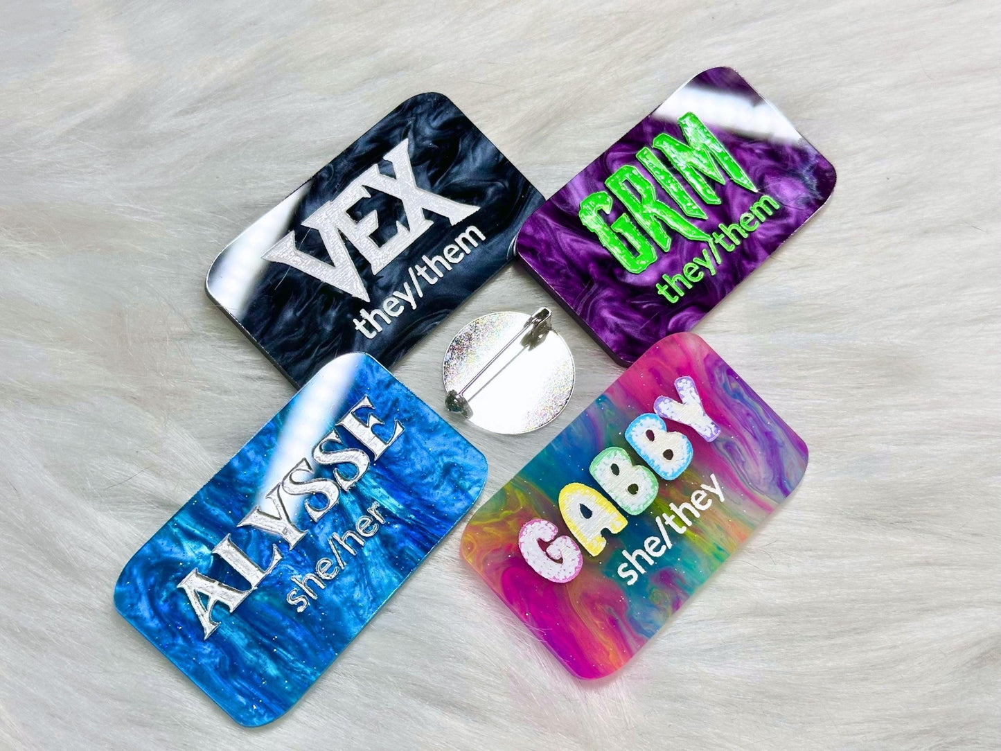 Custom Acrylic Name Tag with Optional Pronouns - Painted Raina