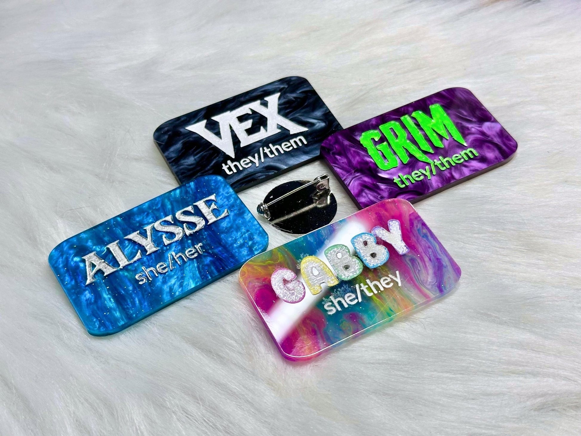 Custom Acrylic Name Tag with Optional Pronouns - Painted Raina