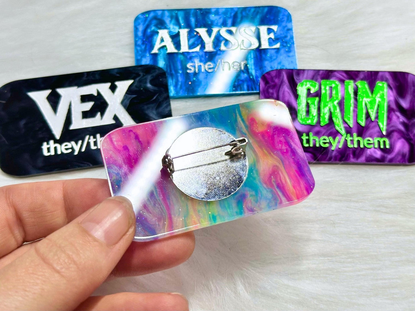 Custom Acrylic Name Tag with Optional Pronouns - Painted Raina