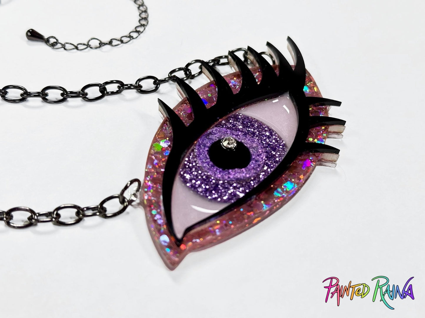 Disco Diva Eye Necklace - Purple and Pink - Painted Raina
